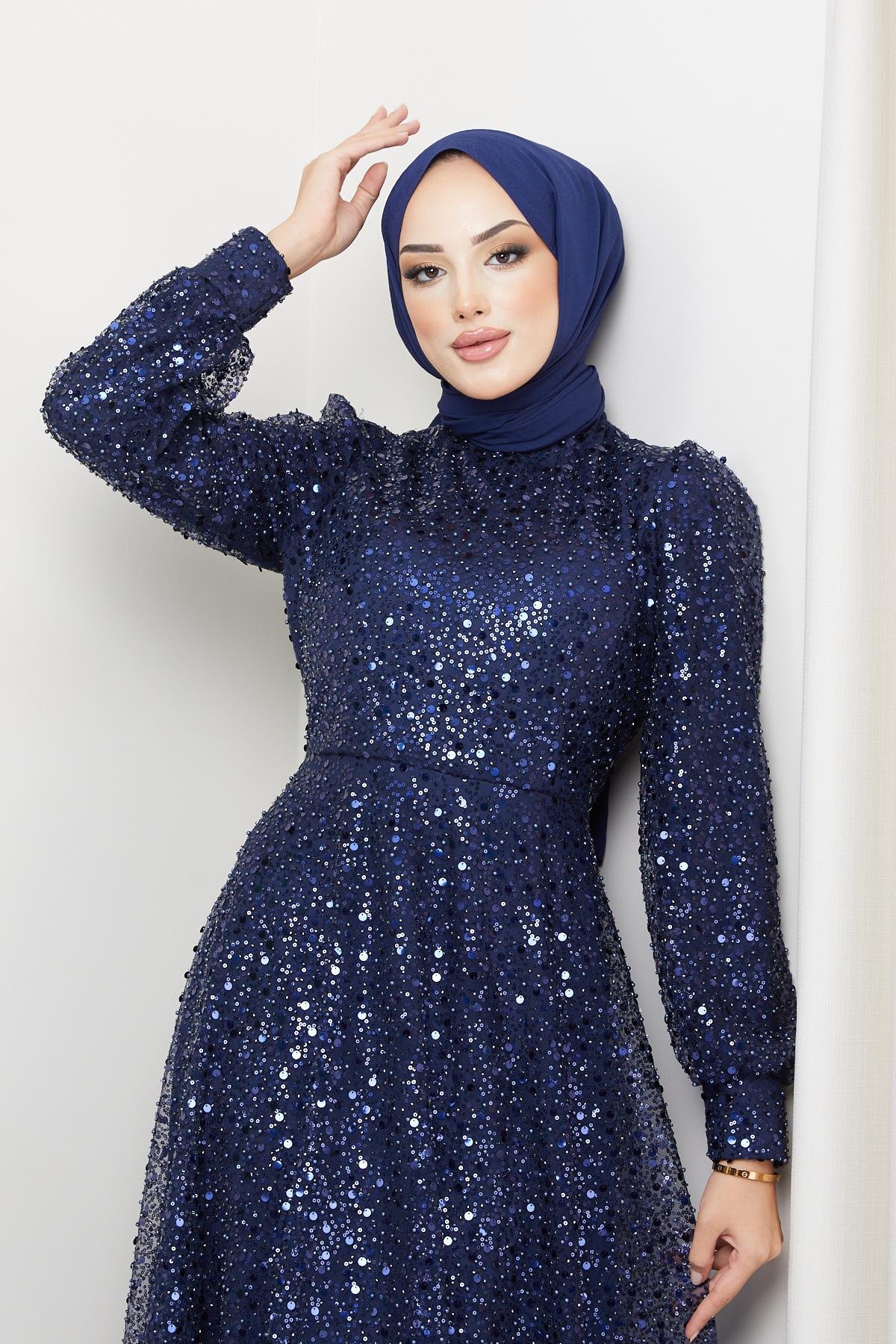 Tesettür Payetli Tül Abiye LacivertHM5014