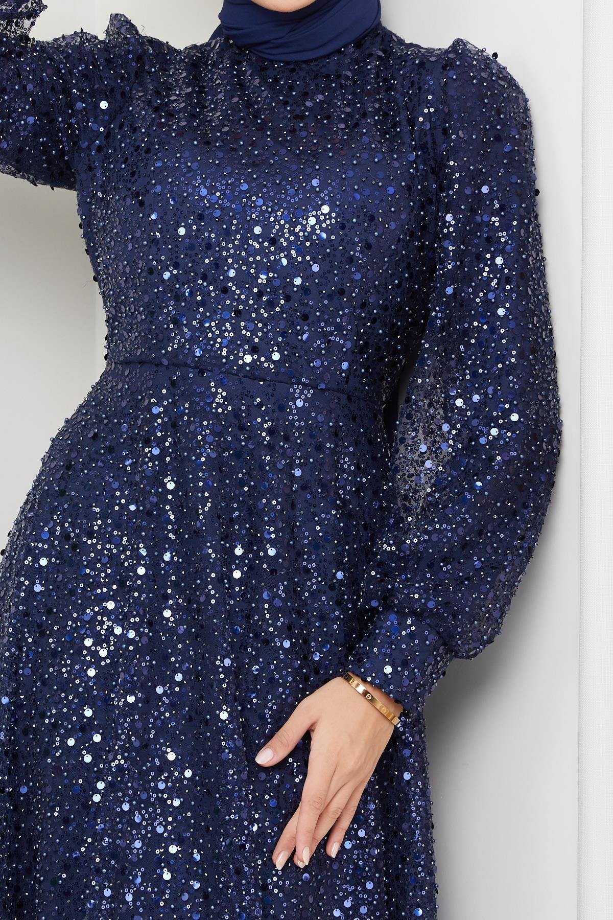 Tesettür Payetli Tül Abiye LacivertHM5014