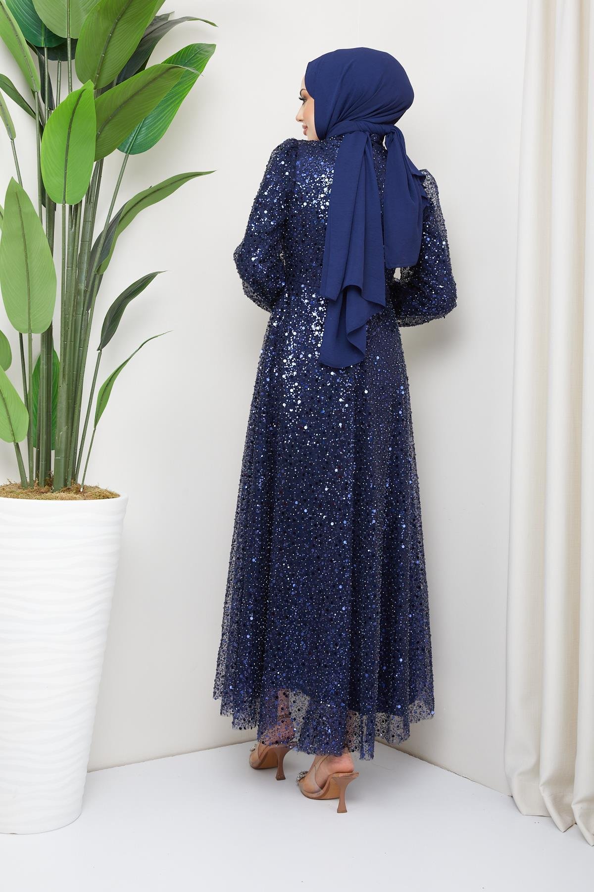 Tesettür Payetli Tül Abiye LacivertHM5014