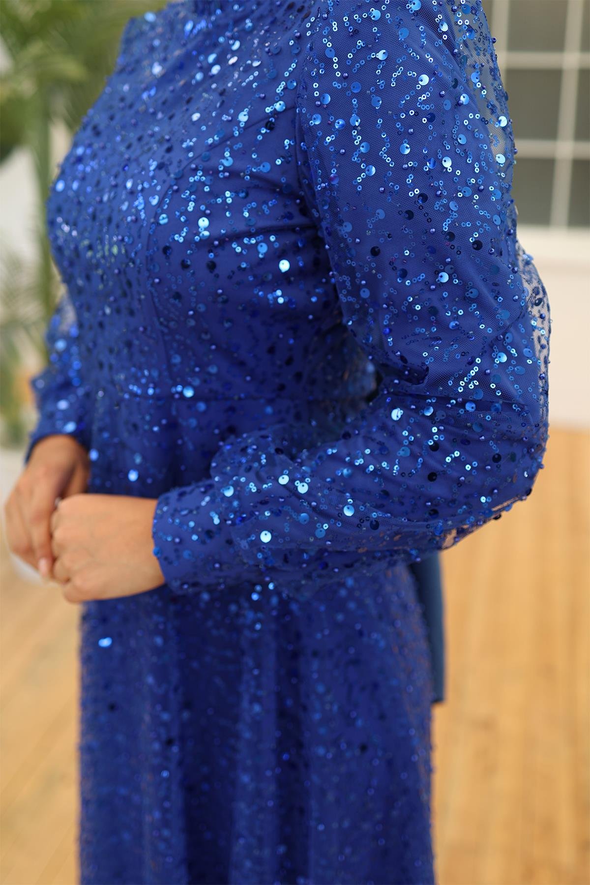 Tesettür Payetli Tül Abiye Saks MavisiHM5014