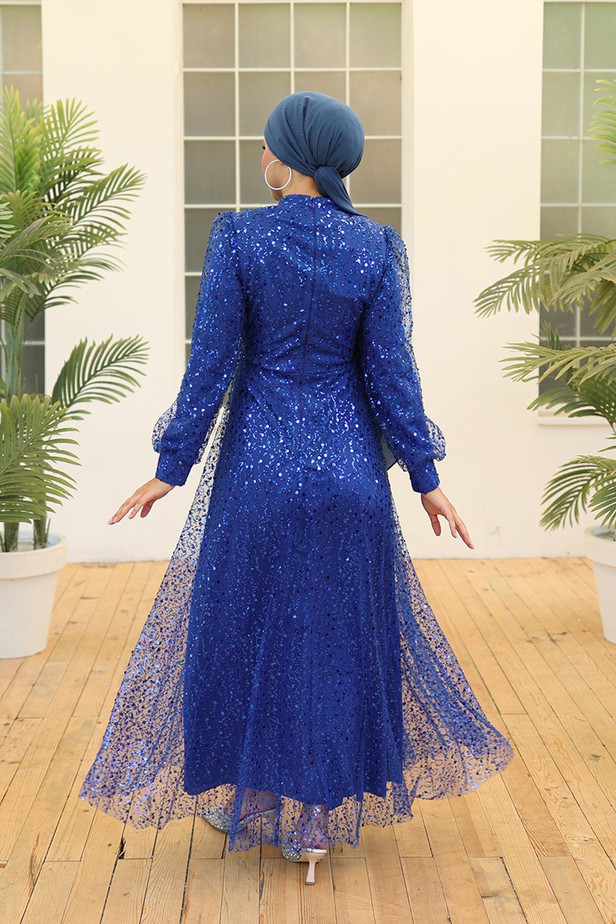 Tesettür Payetli Tül Abiye Saks MavisiHM5014