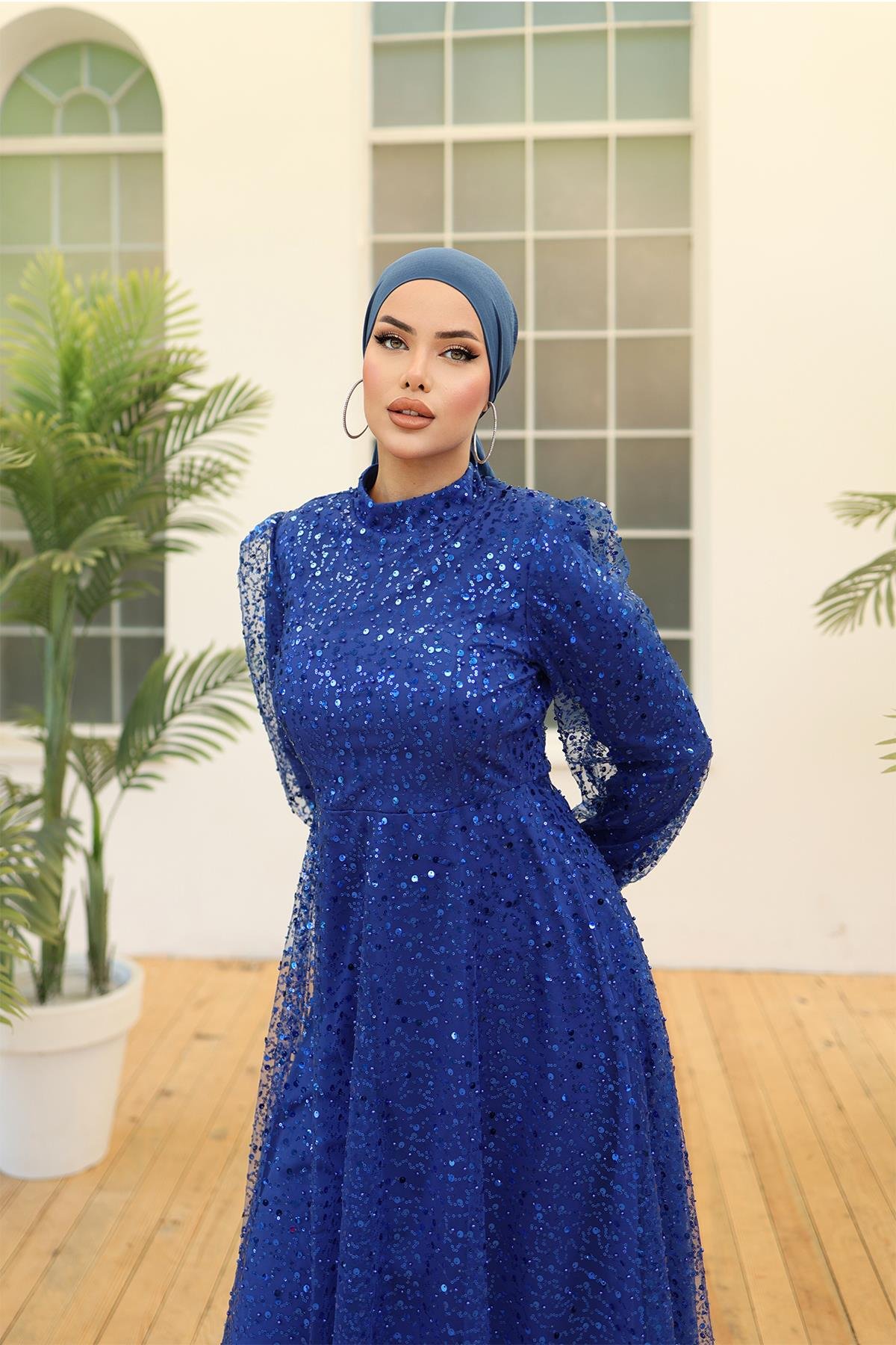 Tesettür Payetli Tül Abiye Saks MavisiHM5014