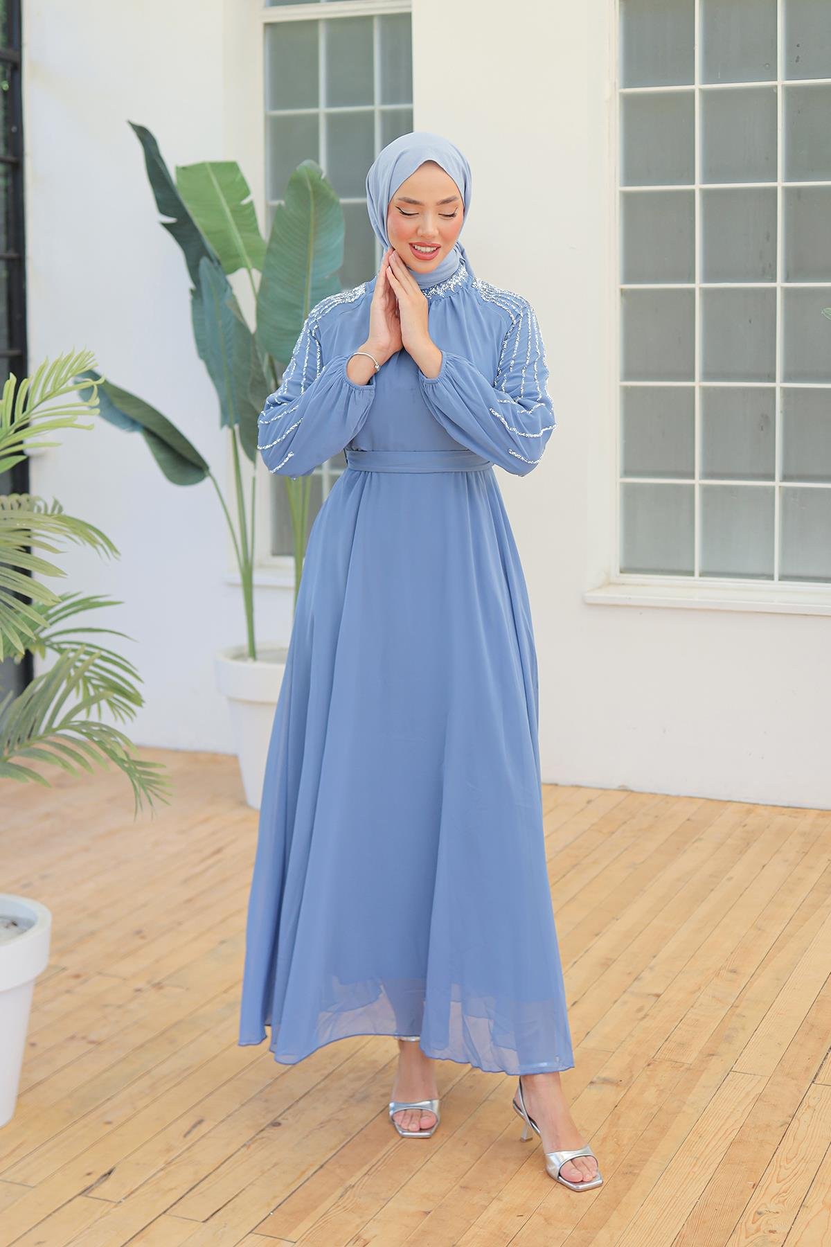 Tesettür Peren Şifon Abiye Açık MaviLP6089