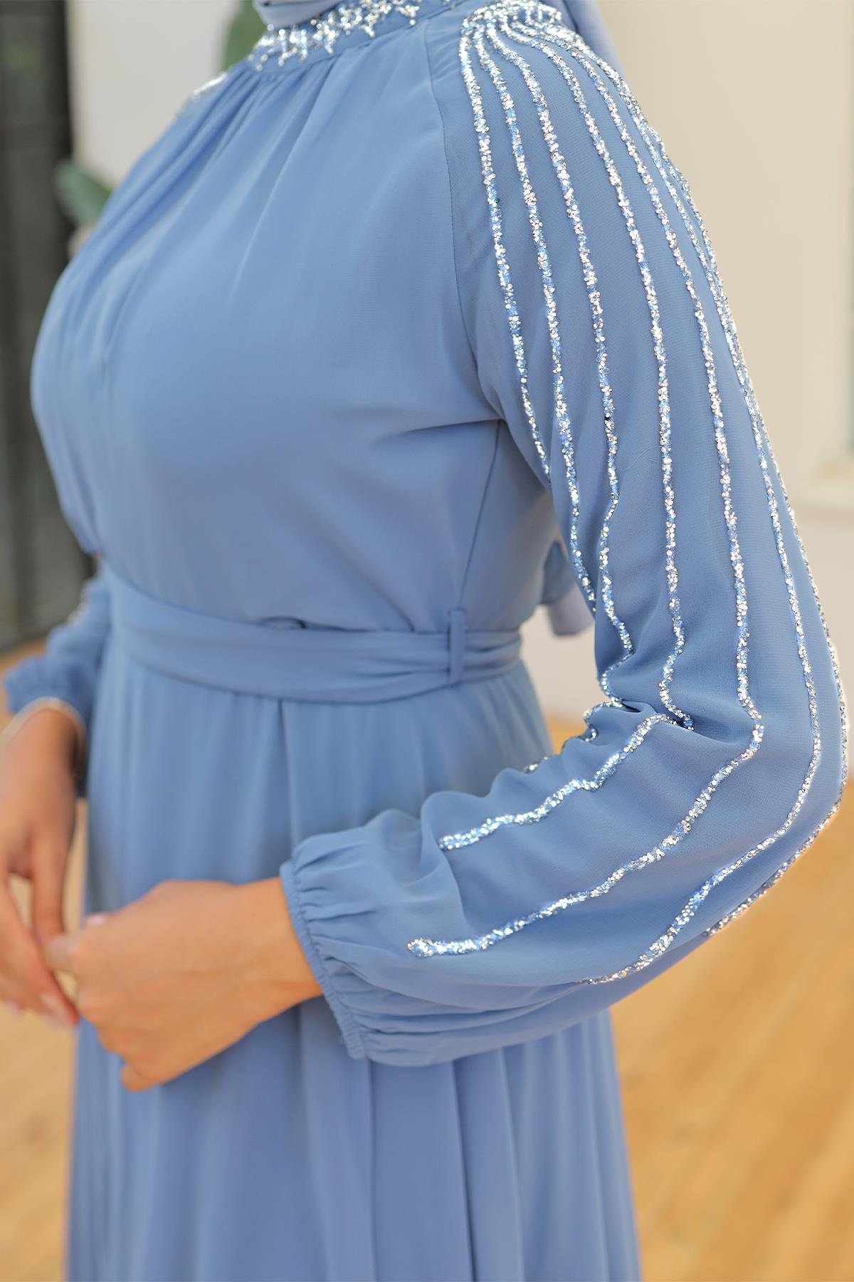 Tesettür Peren Şifon Abiye Açık MaviLP6089