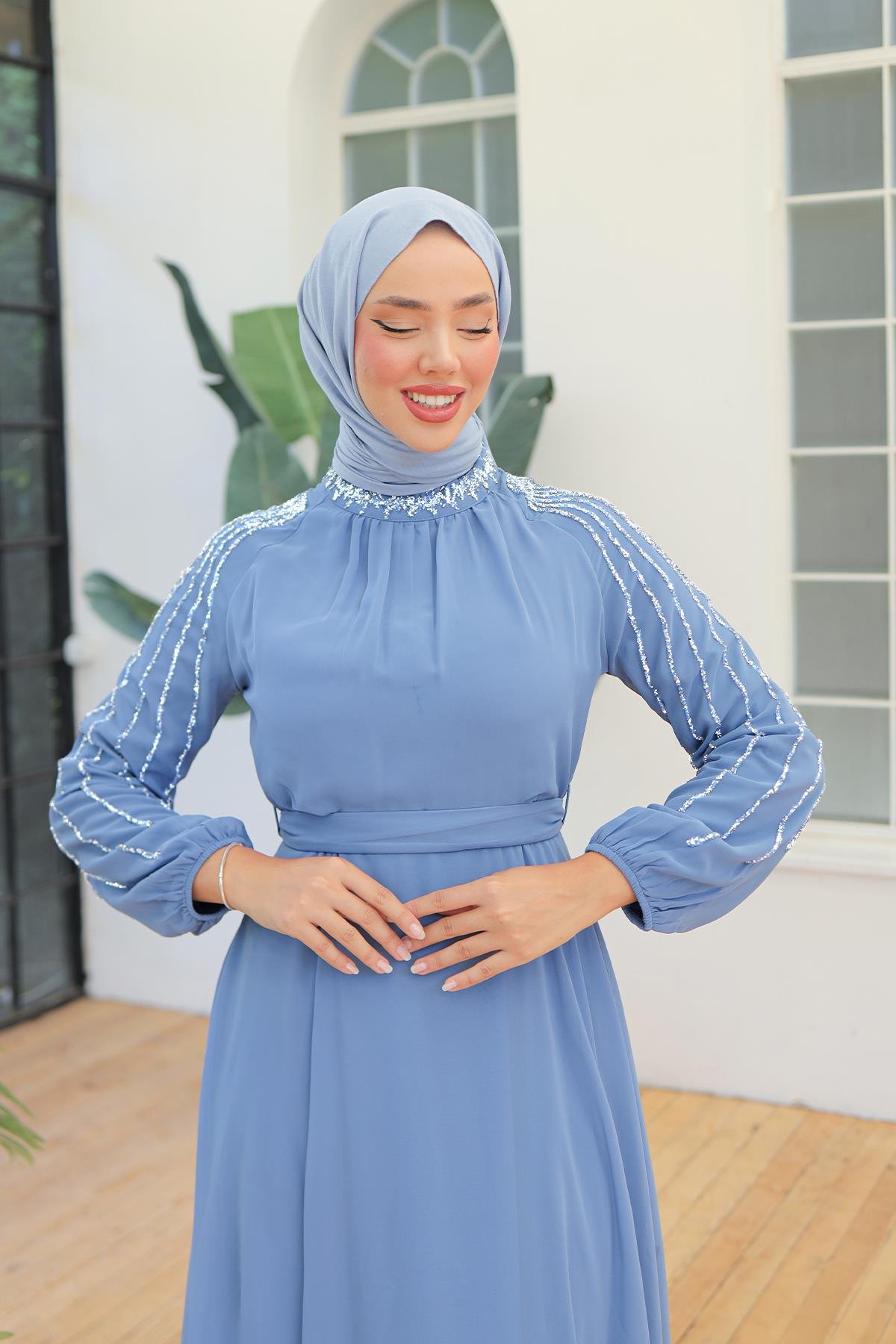 Tesettür Peren Şifon Abiye Açık MaviLP6089