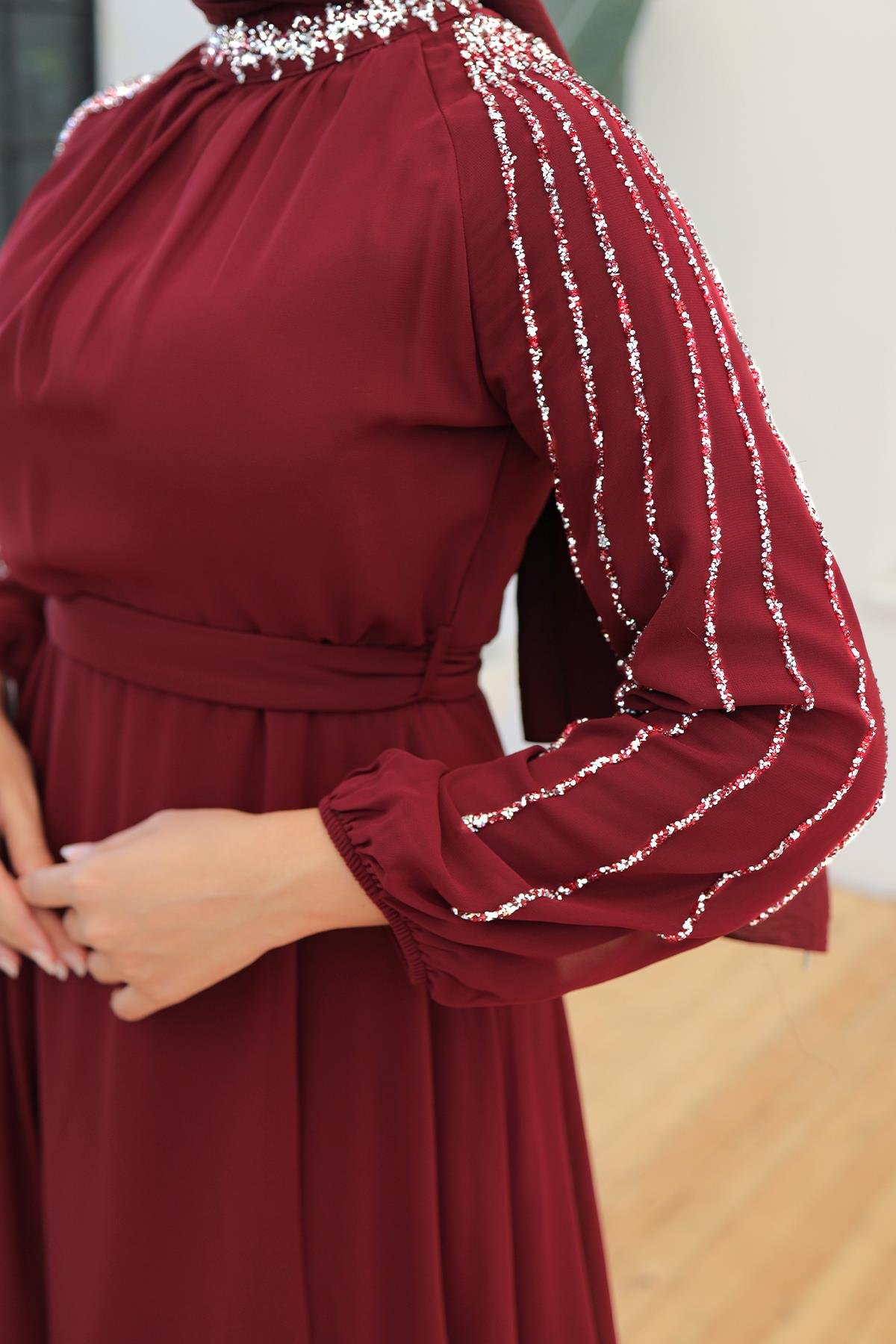 Tesettür Peren Şifon Abiye BordoLP6089