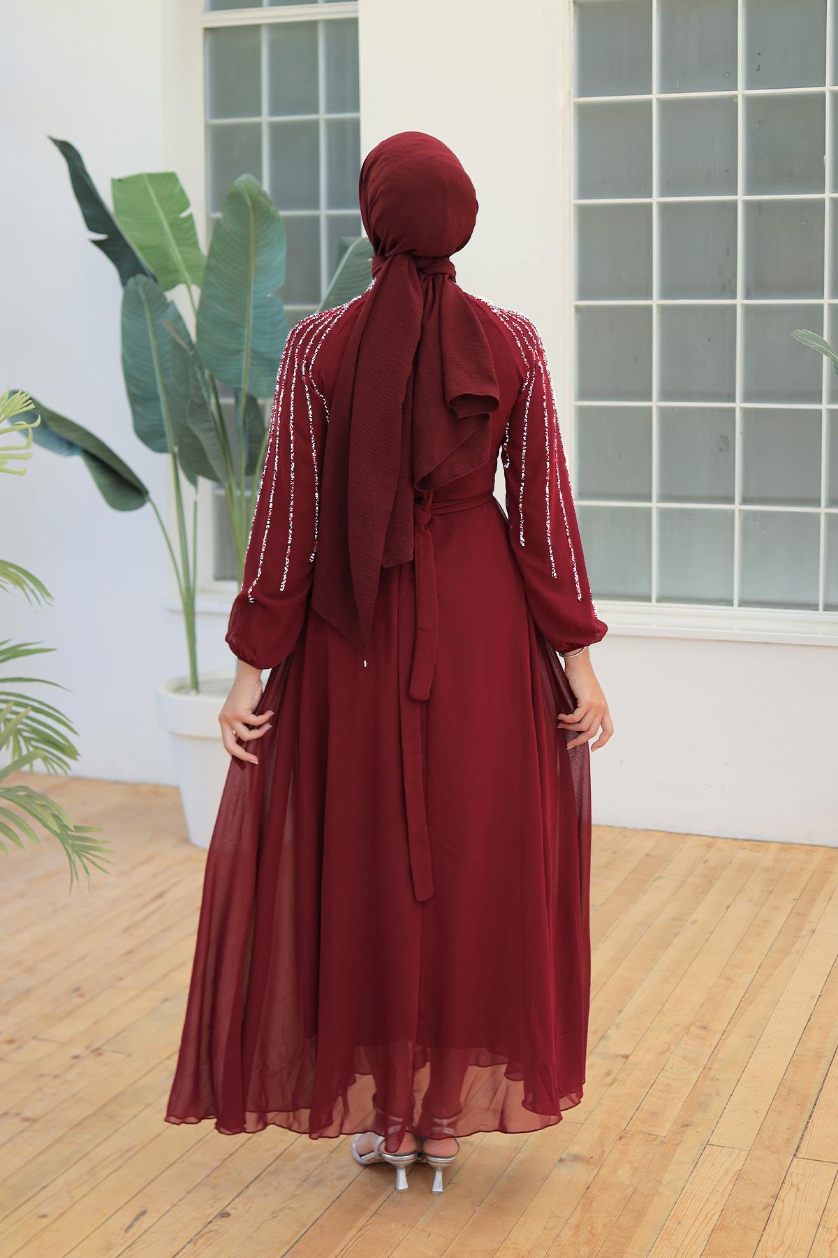 Tesettür Peren Şifon Abiye BordoLP6089