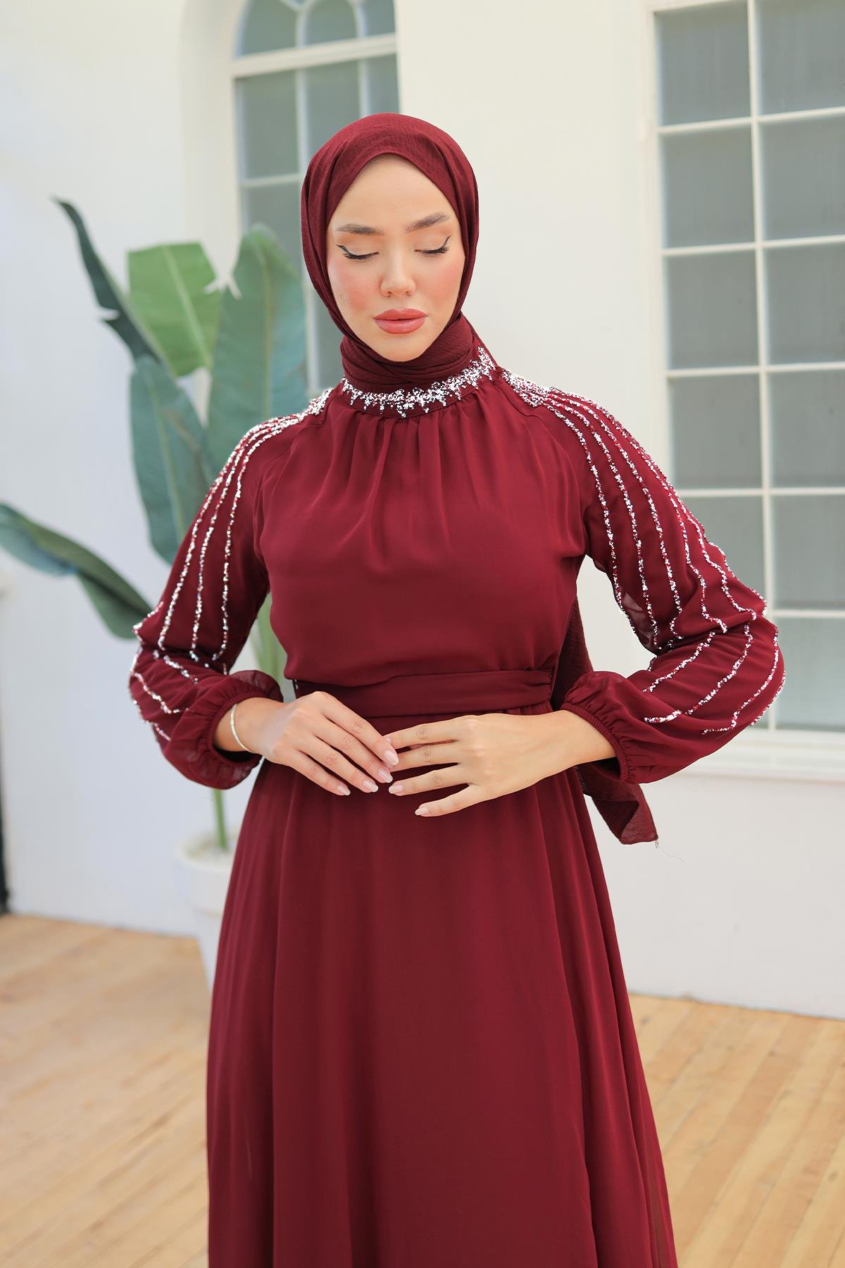 Tesettür Peren Şifon Abiye BordoLP6089