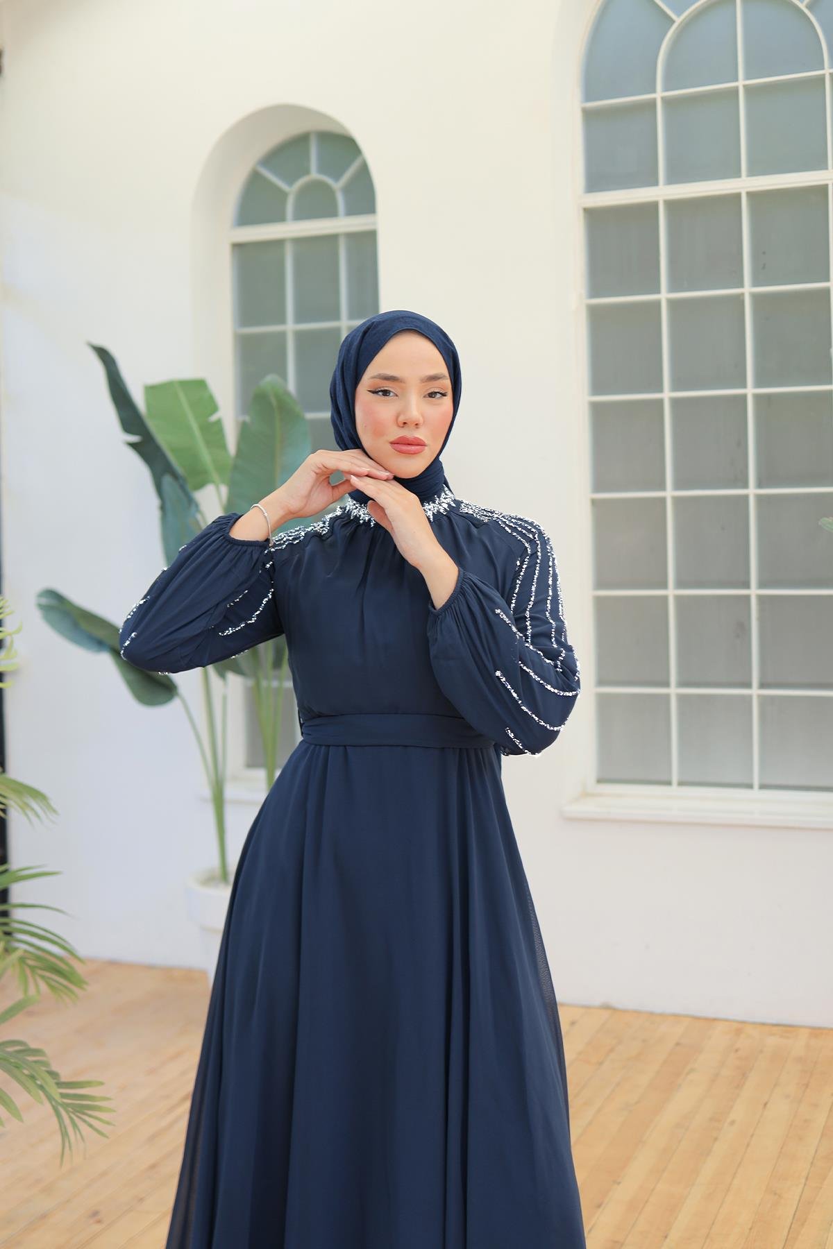 Tesettür Peren Şifon Abiye LacivertLP6089