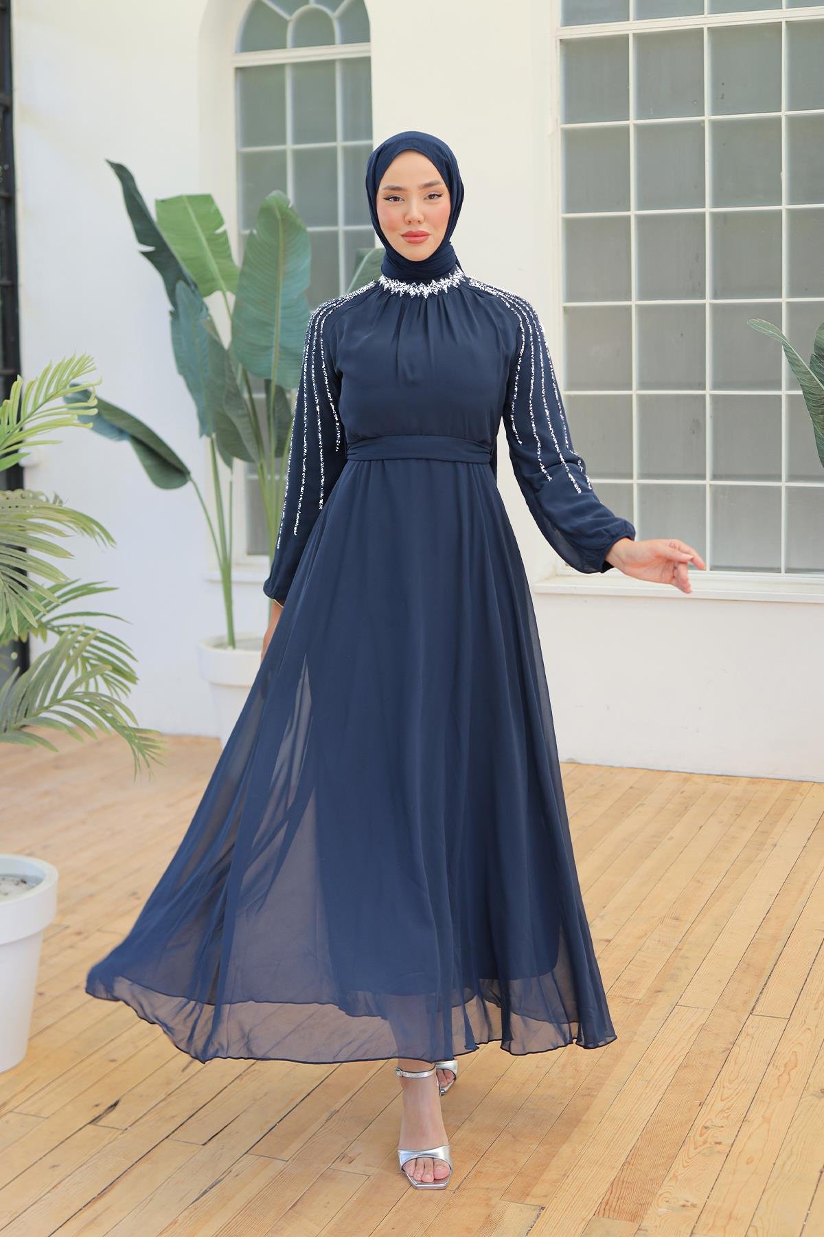 Tesettür Peren Şifon Abiye LacivertLP6089