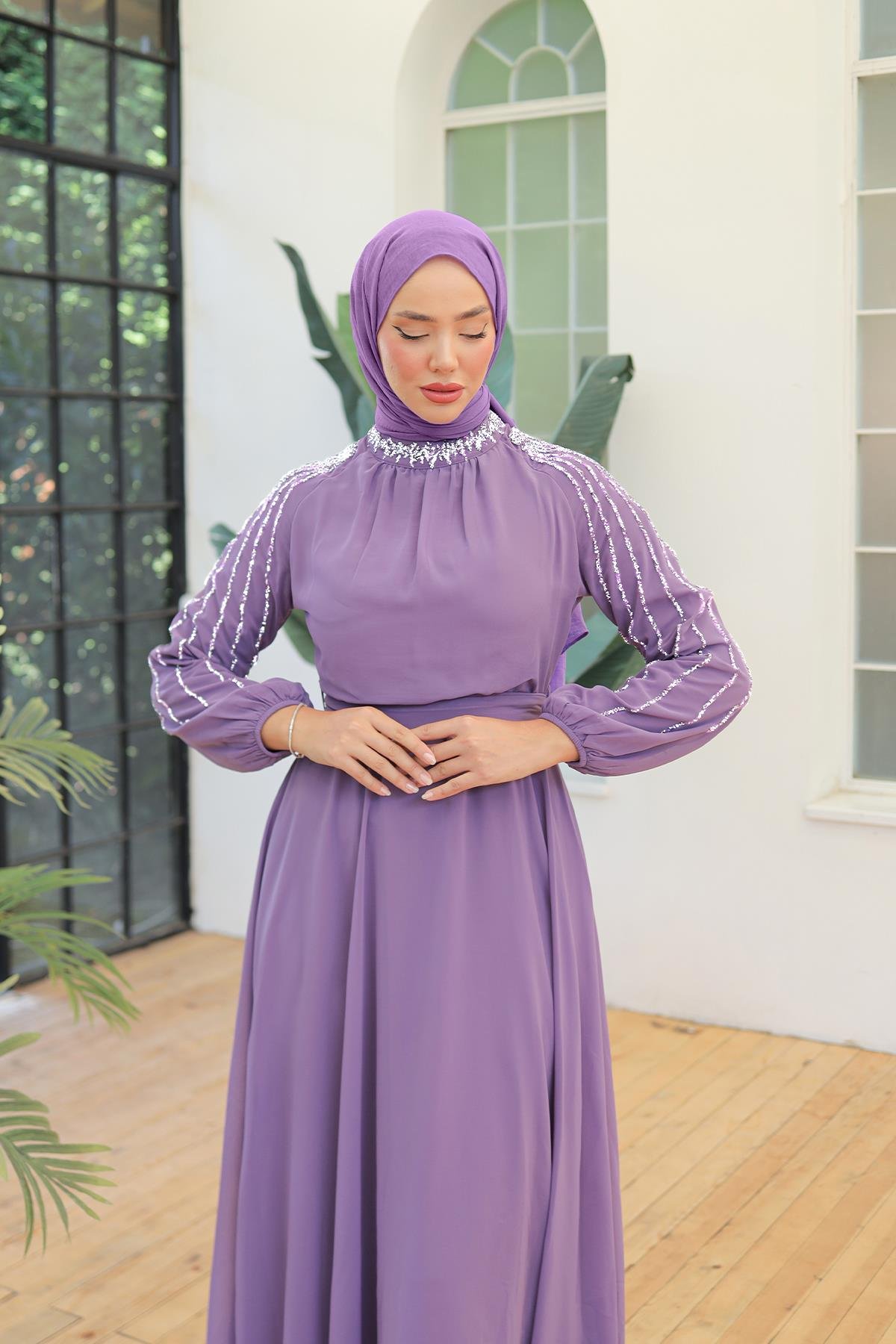 Tesettür Peren Şifon Abiye LilaLP6089