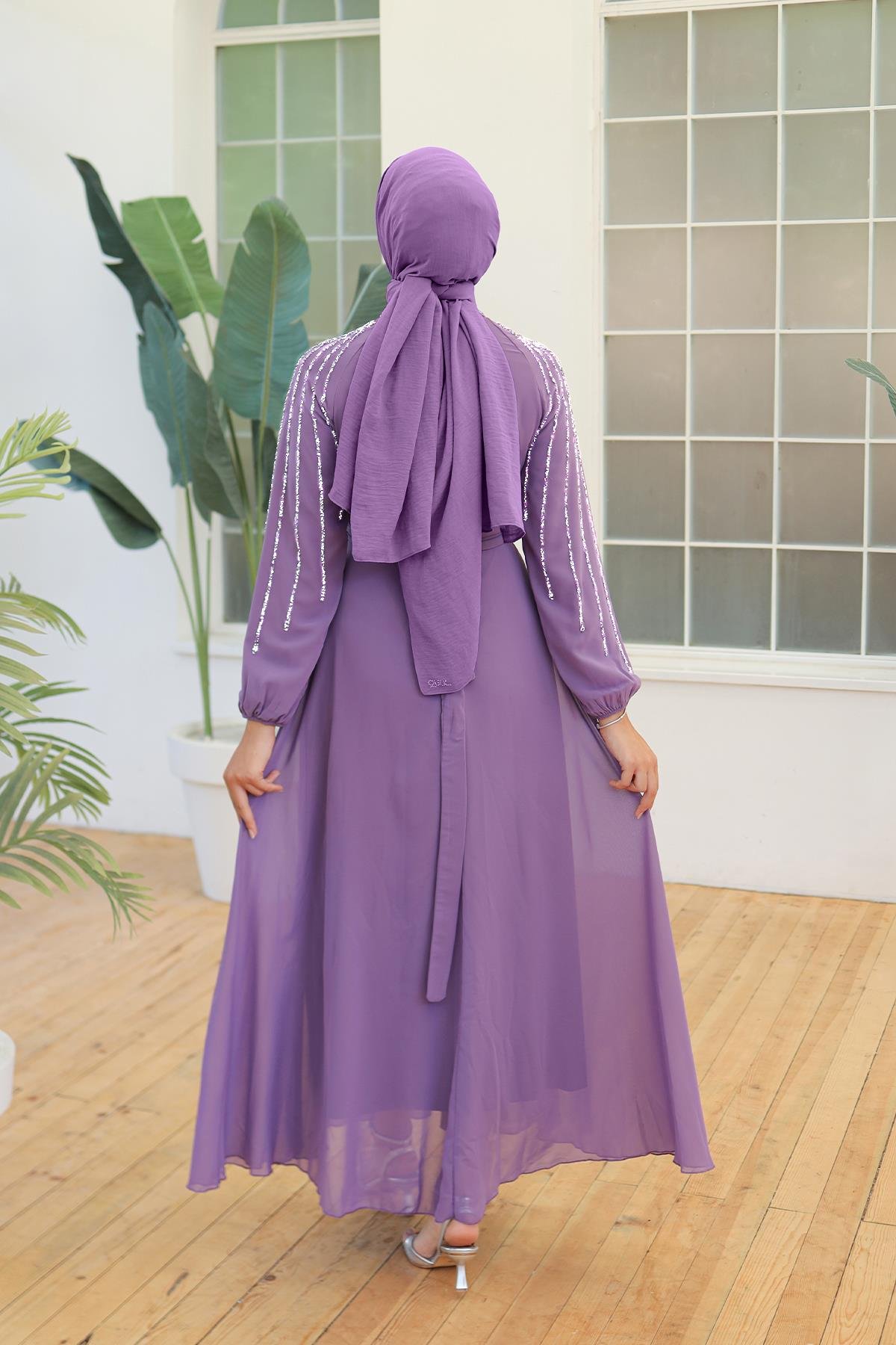 Tesettür Peren Şifon Abiye LilaLP6089