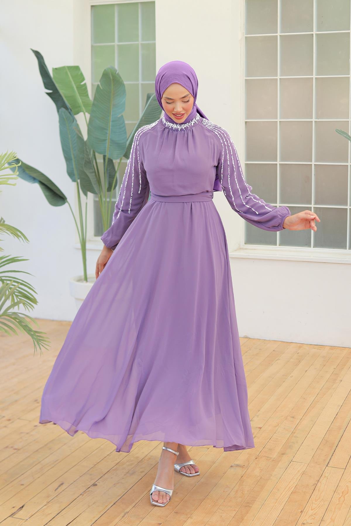 Tesettür Peren Şifon Abiye LilaLP6089