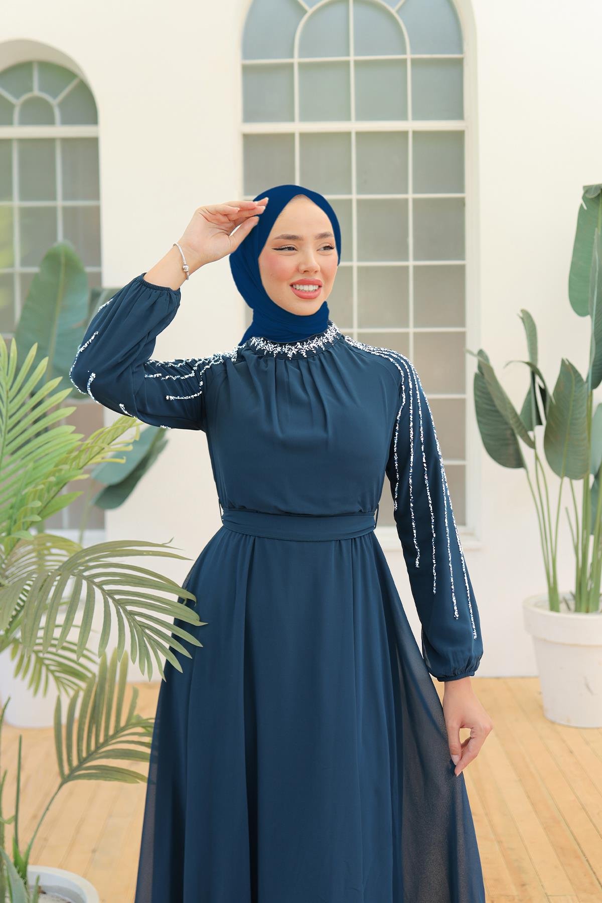 Tesettür Peren Şifon Abiye PetrolLP6089