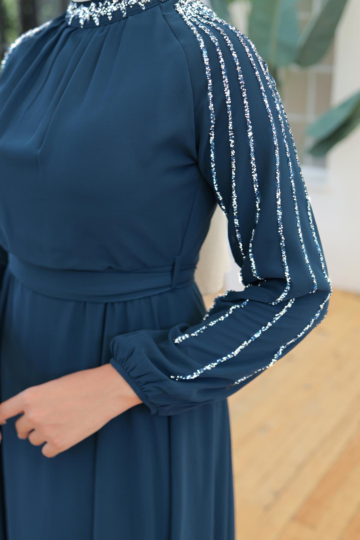 Tesettür Peren Şifon Abiye PetrolLP6089