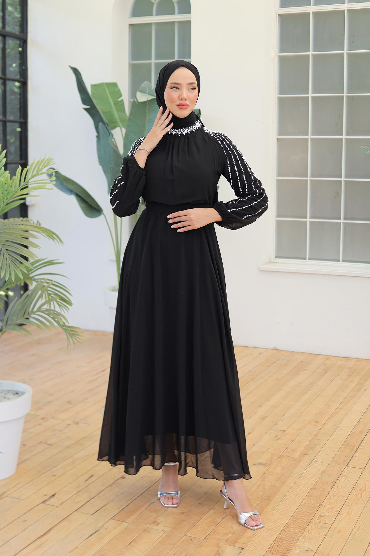 Tesettür Peren Şifon Abiye SiyahLP6089