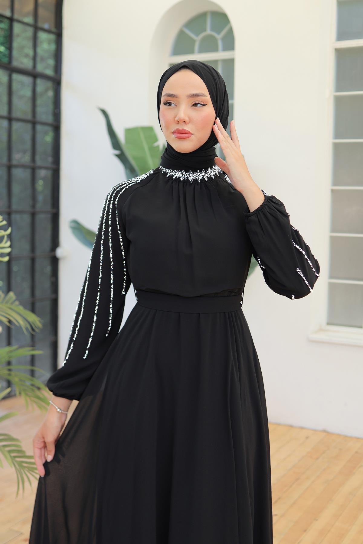 Tesettür Peren Şifon Abiye SiyahLP6089