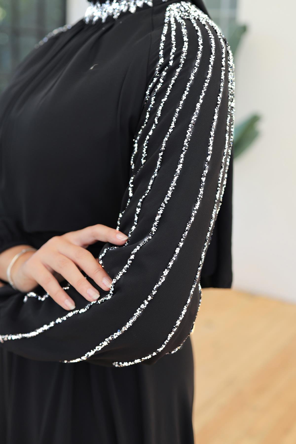 Tesettür Peren Şifon Abiye SiyahLP6089