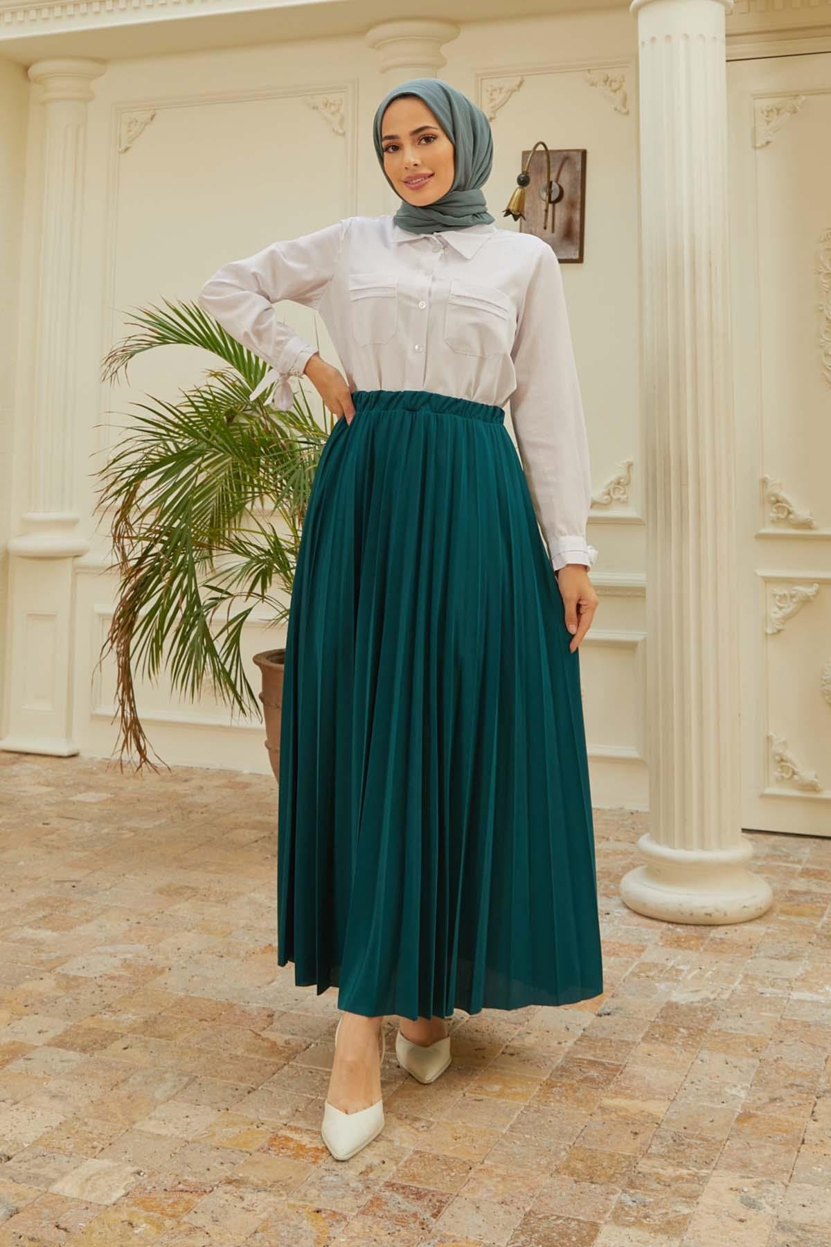 Tesettür Piliseli Etek ZümrütHM4052