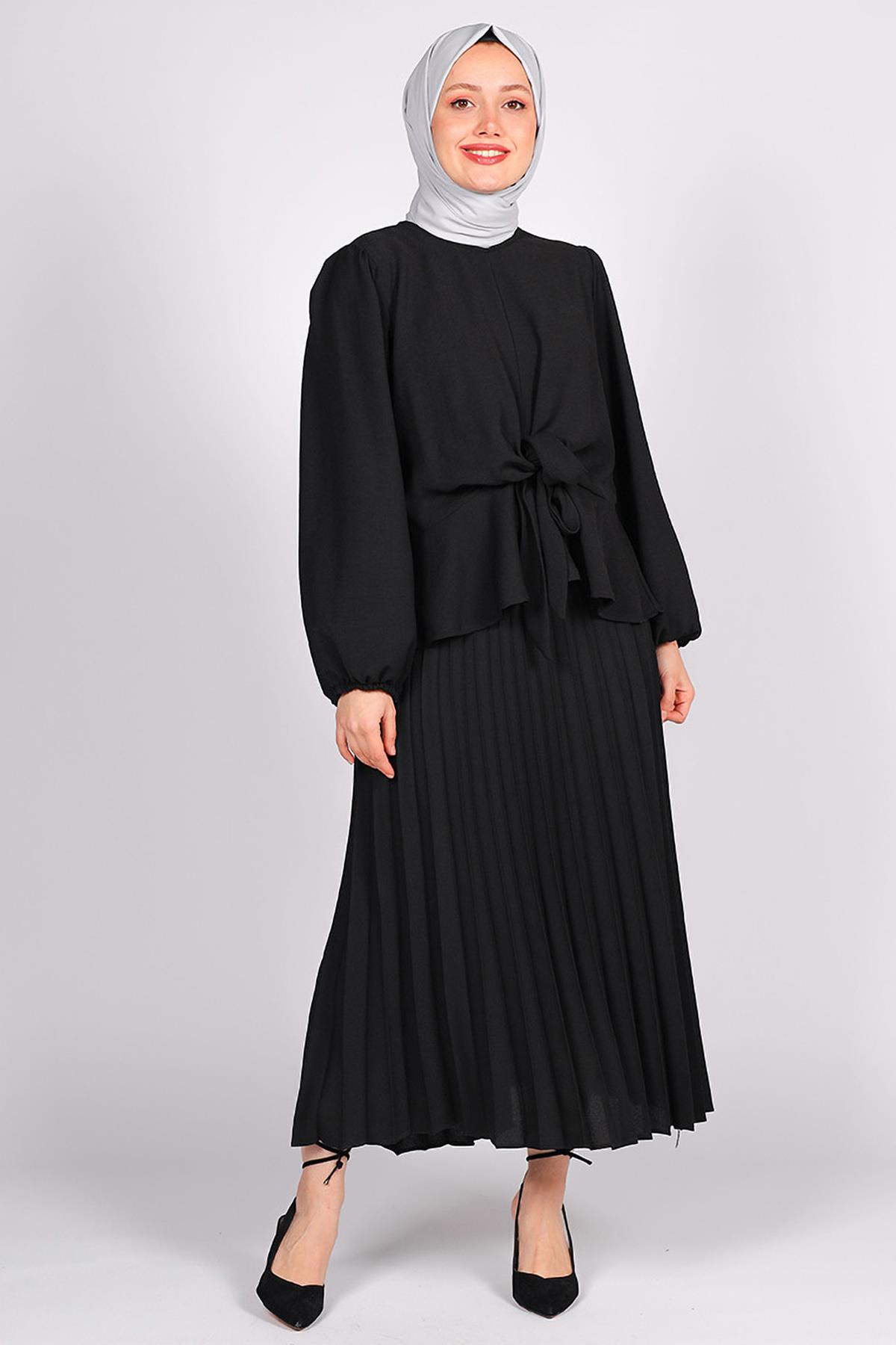 Tesettür Pliseli Etekli Takım SiyahHM9427