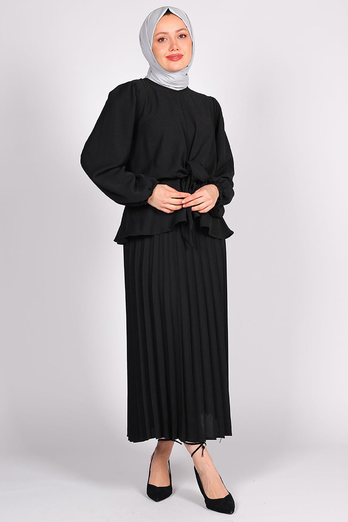 Tesettür Pliseli Etekli Takım SiyahHM9427