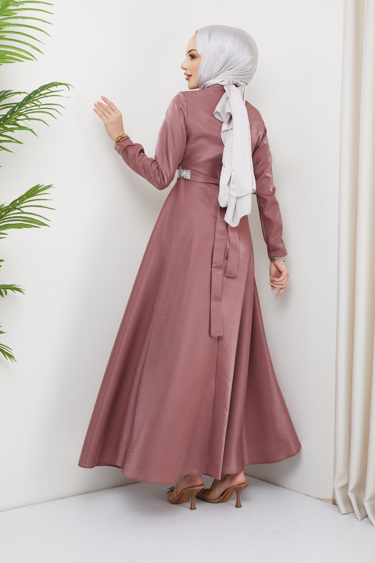 Hijab Rana Rana Detailed Satin evening dress rose dryHM2008