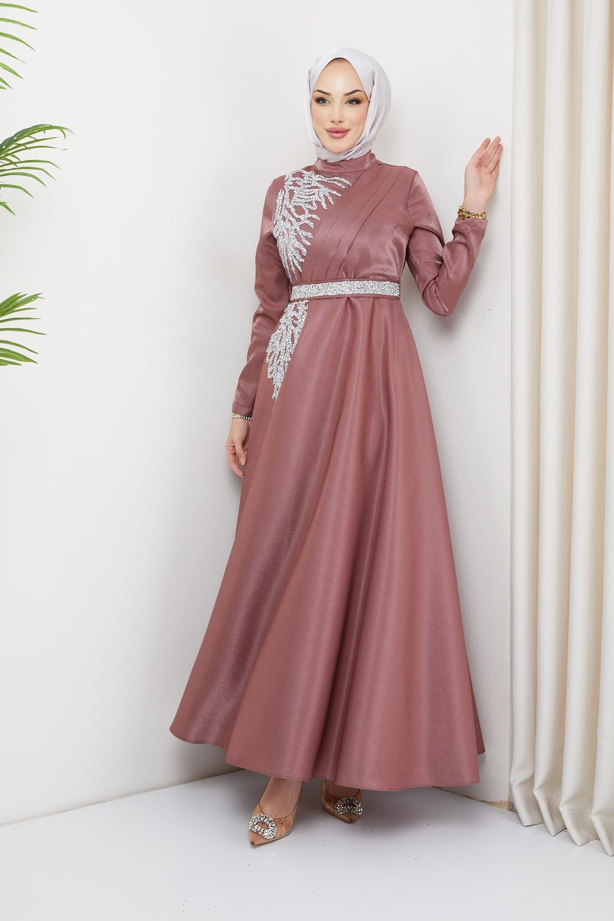Hijab Rana Rana Detailed Satin evening dress rose dryHM2008