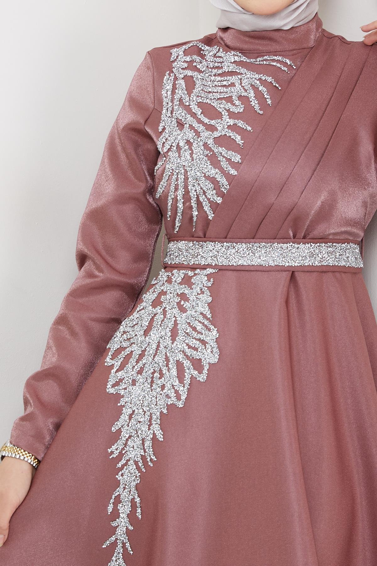 Hijab Rana Rana Detailed Satin evening dress rose dryHM2008