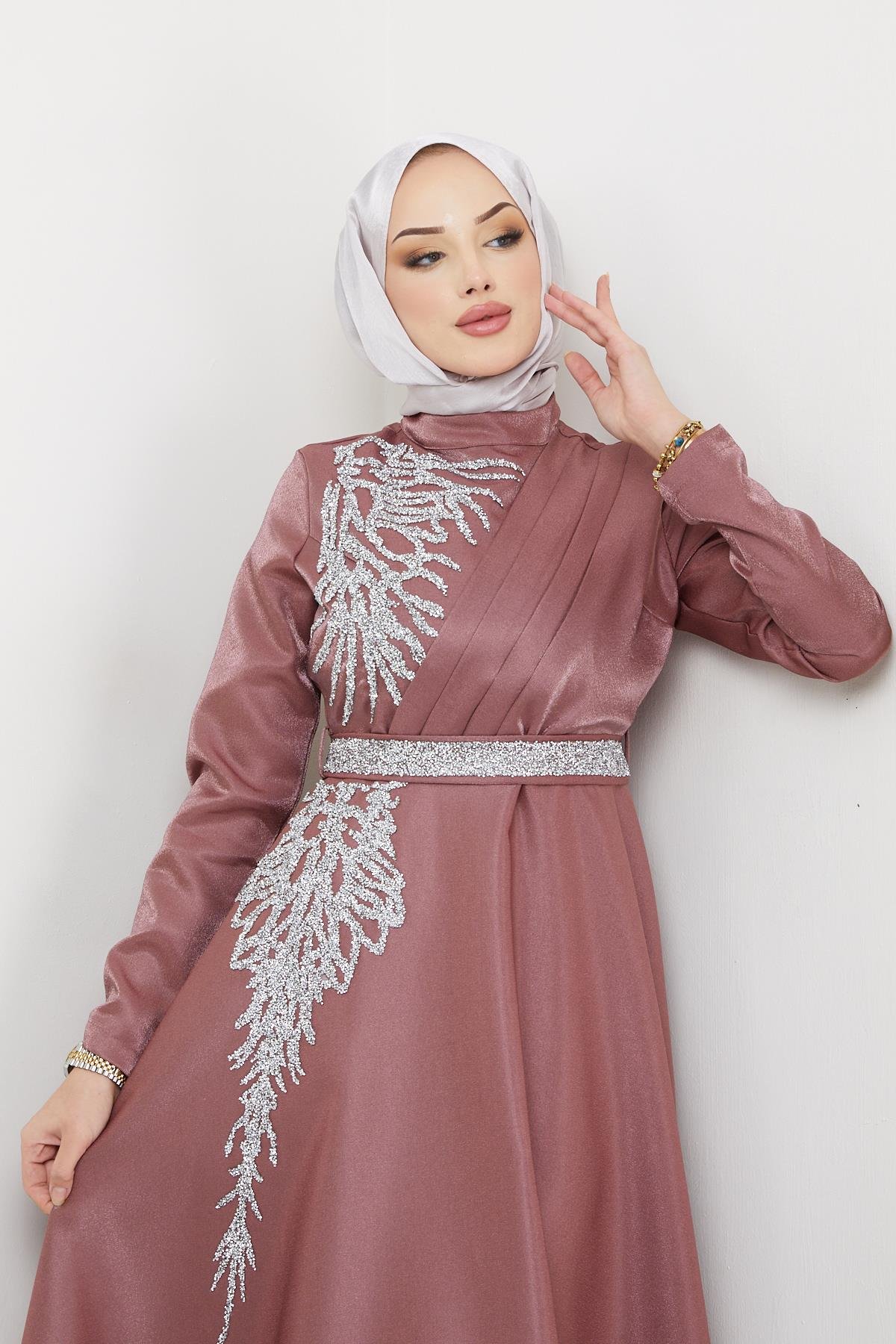 Hijab Rana Rana Detailed Satin evening dress rose dryHM2008