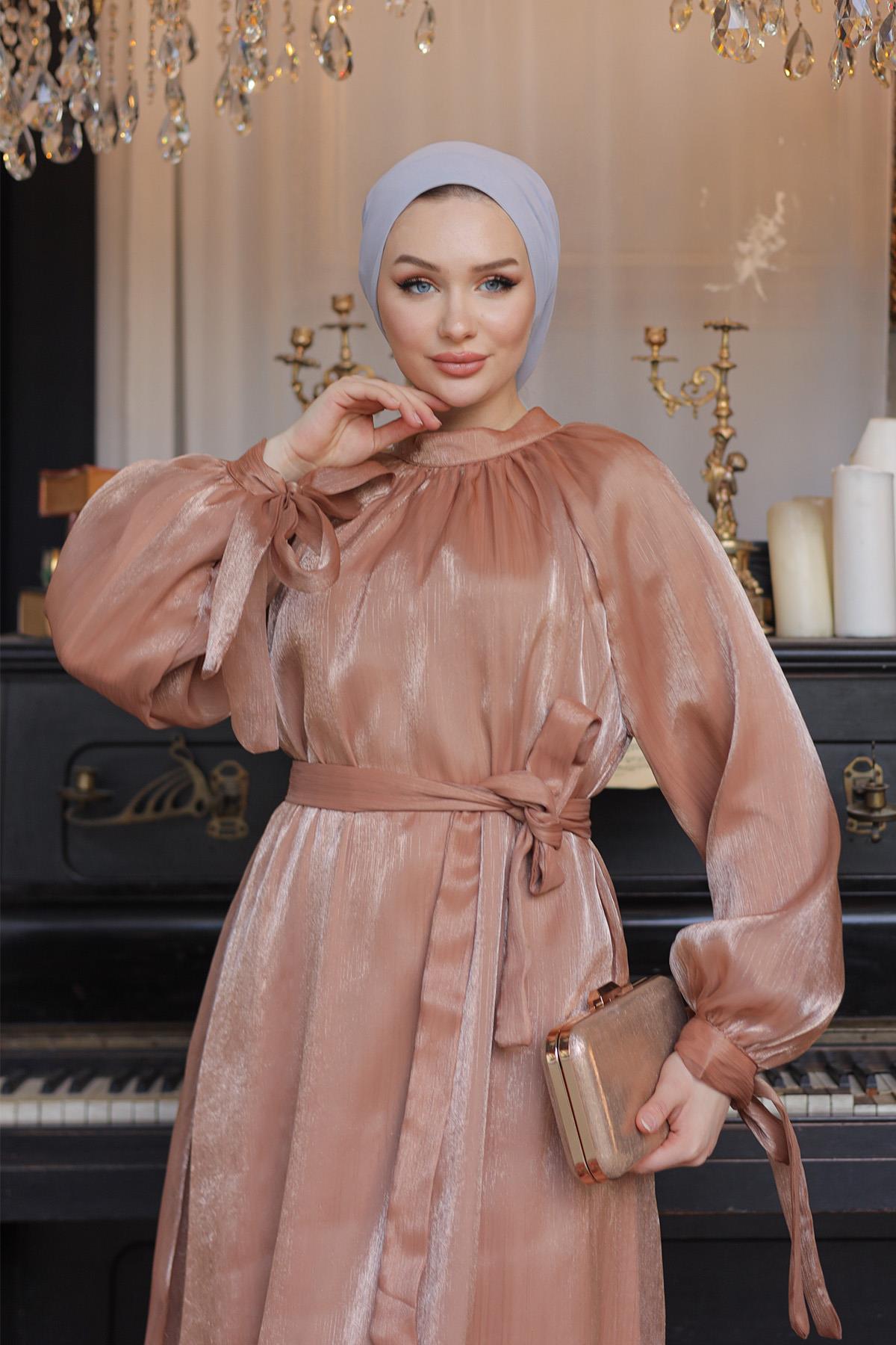 Tesettür Sarem Işıltı Abiye CamelLP4203