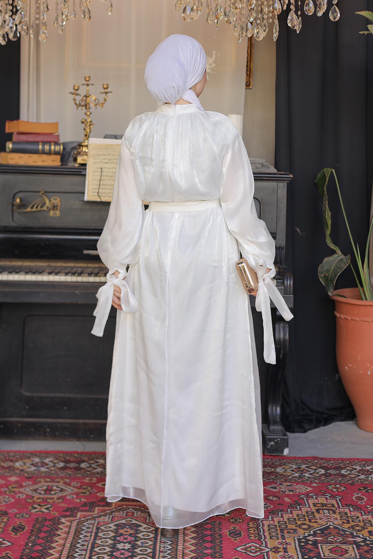 Tesettür Sarem Işıltı Abiye EkruLP4203