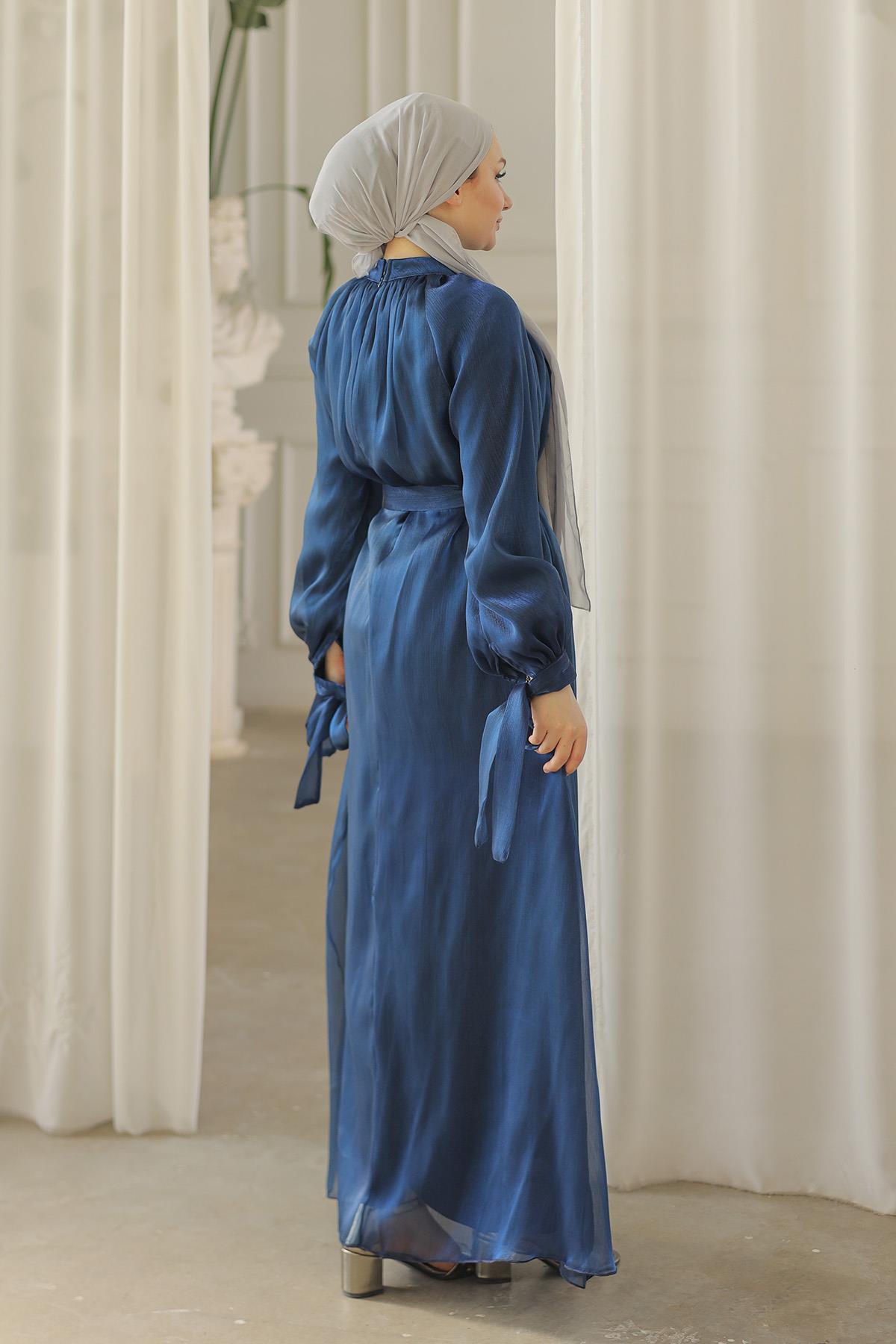 Tesettür Sarem Işıltı Abiye LacivertLP4203