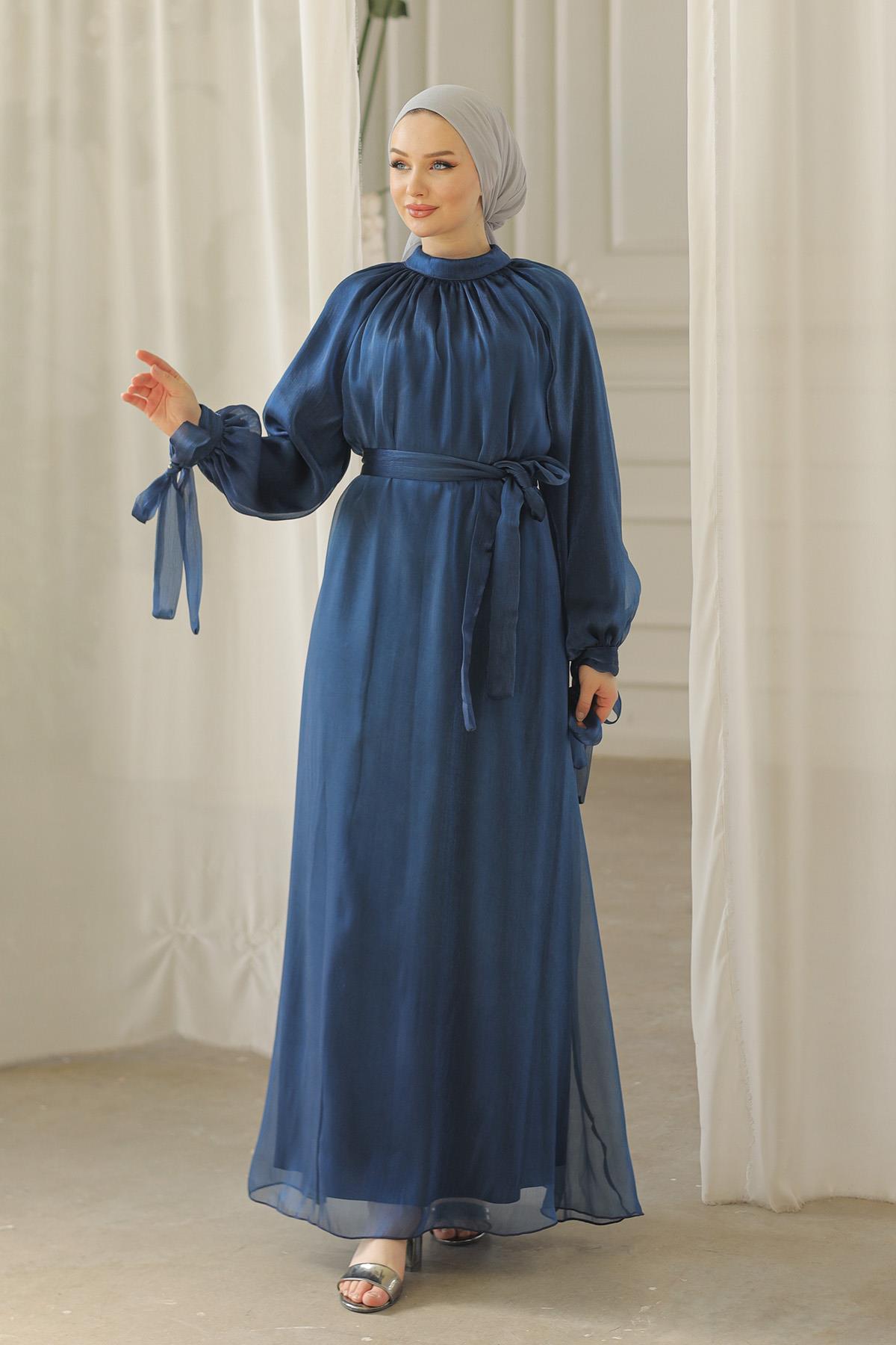 Tesettür Sarem Işıltı Abiye LacivertLP4203