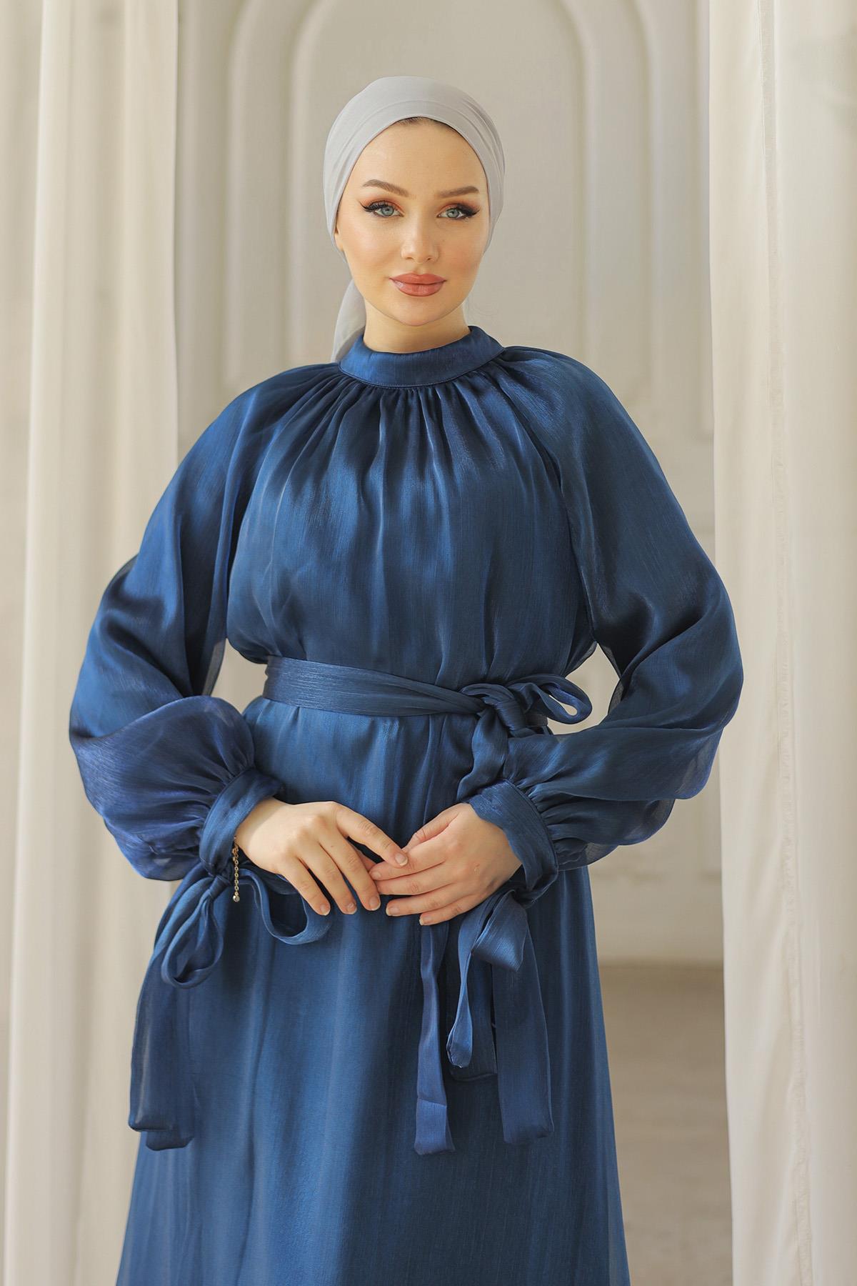 Tesettür Sarem Işıltı Abiye LacivertLP4203