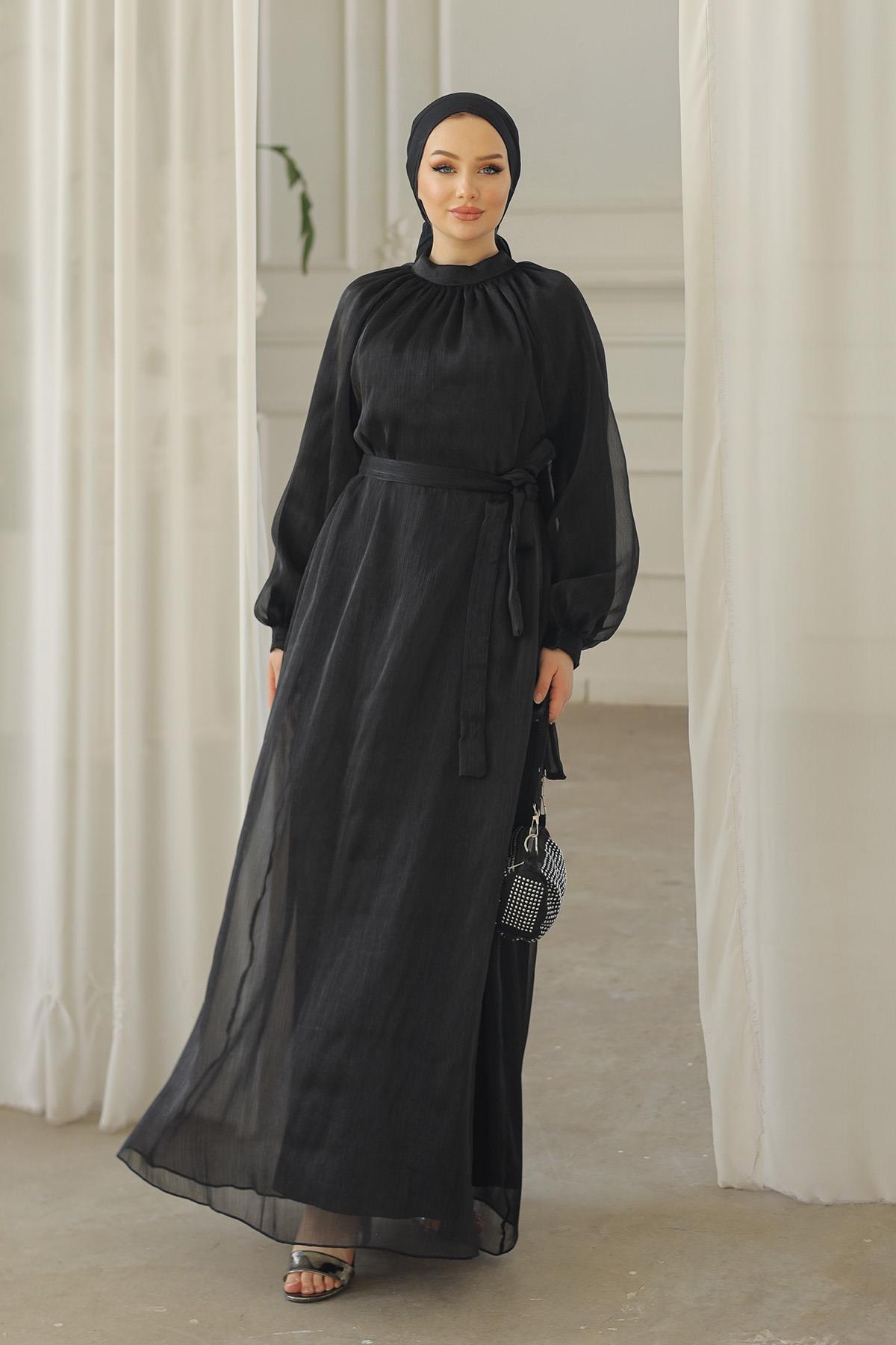 Tesettür Sarem Işıltı Abiye SiyahLP4203