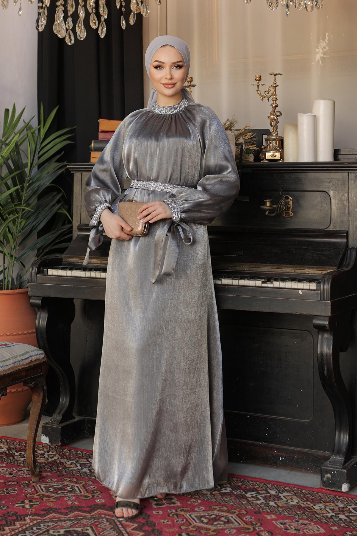 Tesettür Sarem Işıltı Taşlı Abiye AntrasitLP4203-1