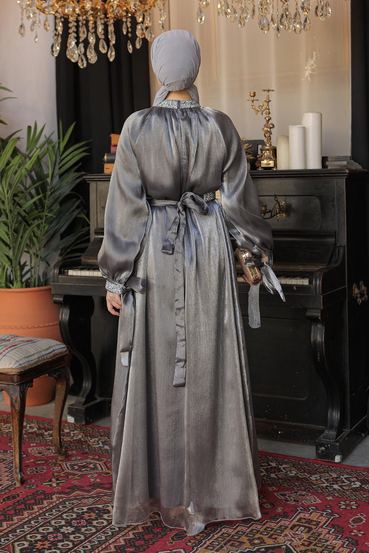 Tesettür Sarem Işıltı Taşlı Abiye AntrasitLP4203-1