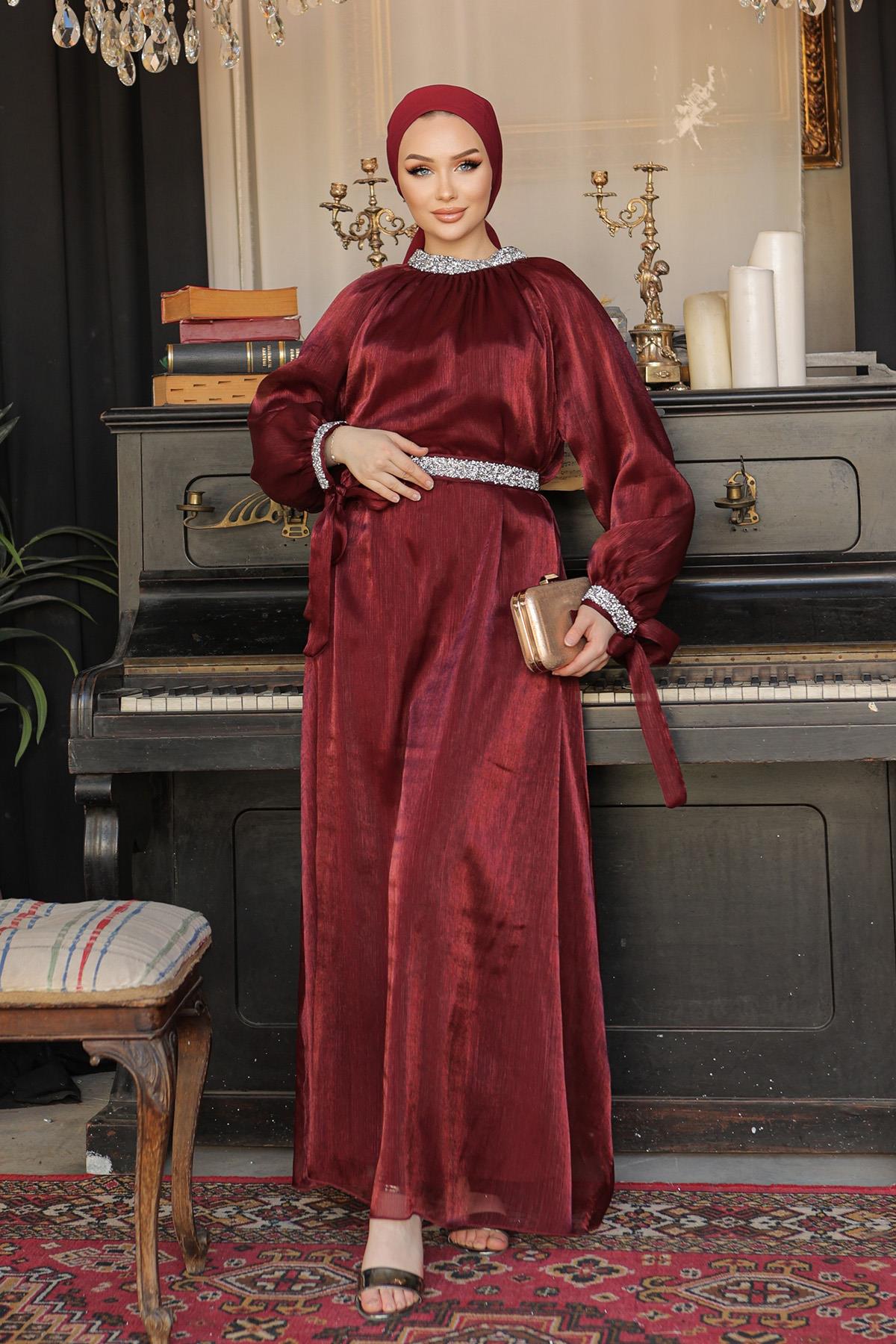 Tesettür Sarem Işıltı Taşlı Abiye BordoLP4203-1