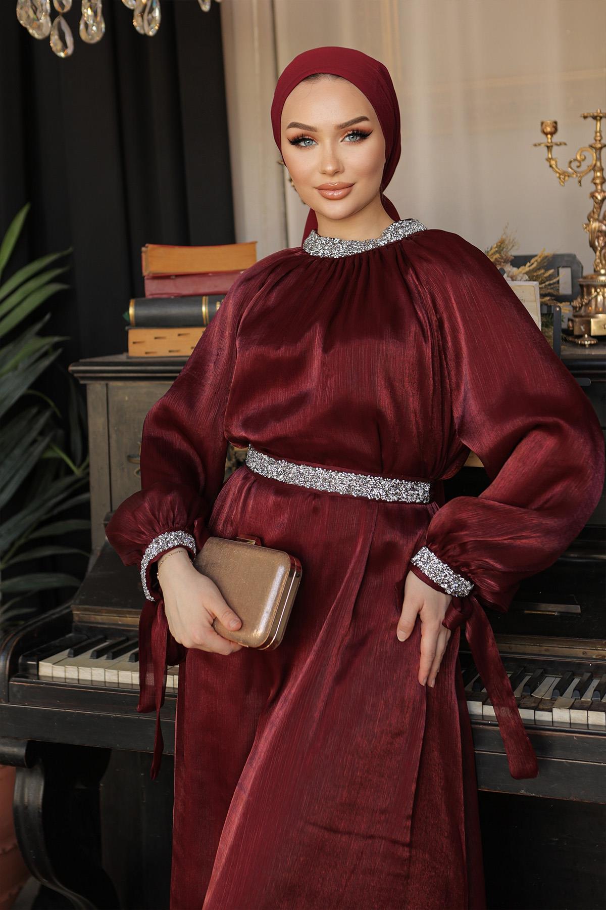 Tesettür Sarem Işıltı Taşlı Abiye BordoLP4203-1