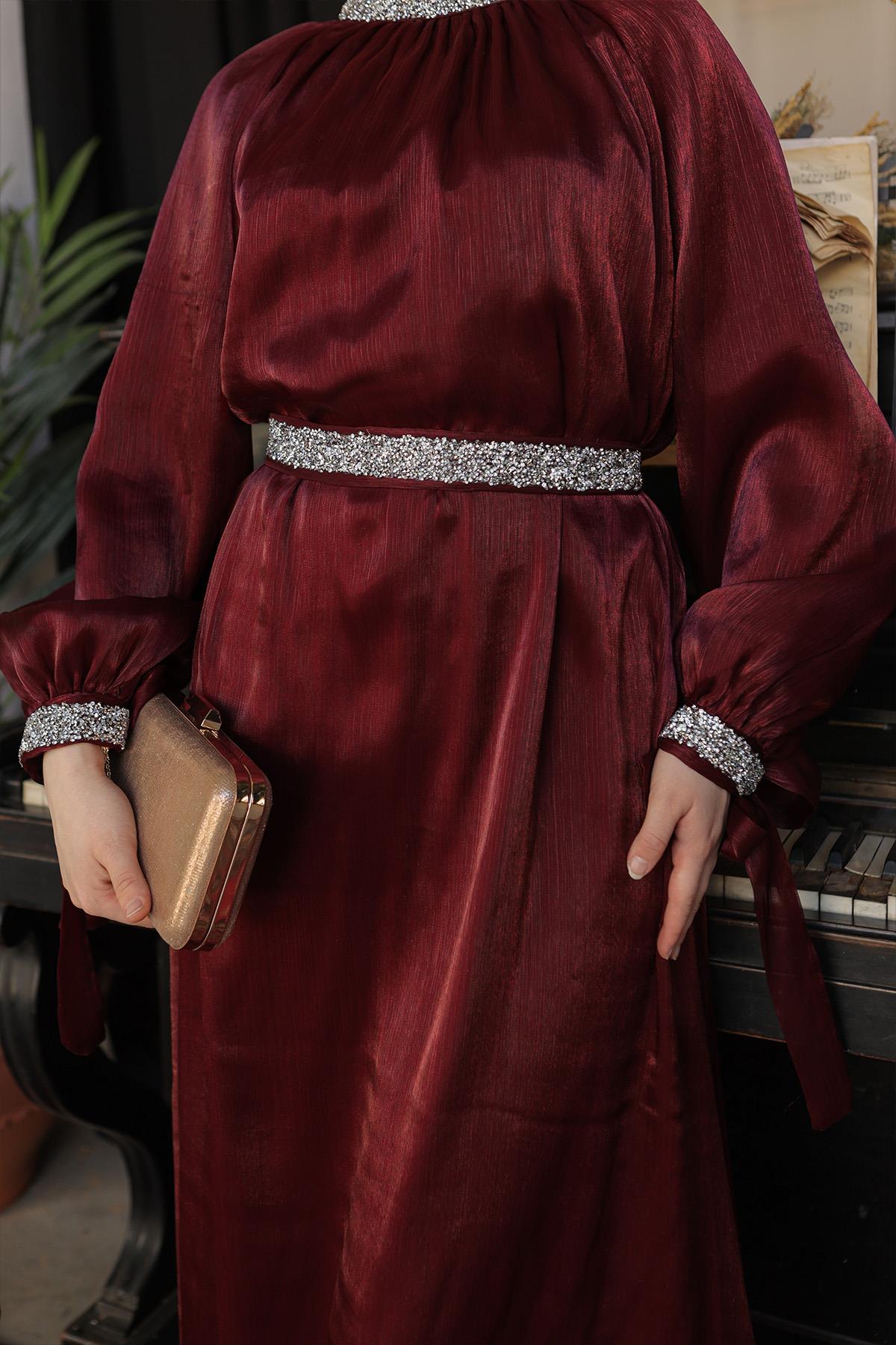 Tesettür Sarem Işıltı Taşlı Abiye BordoLP4203-1