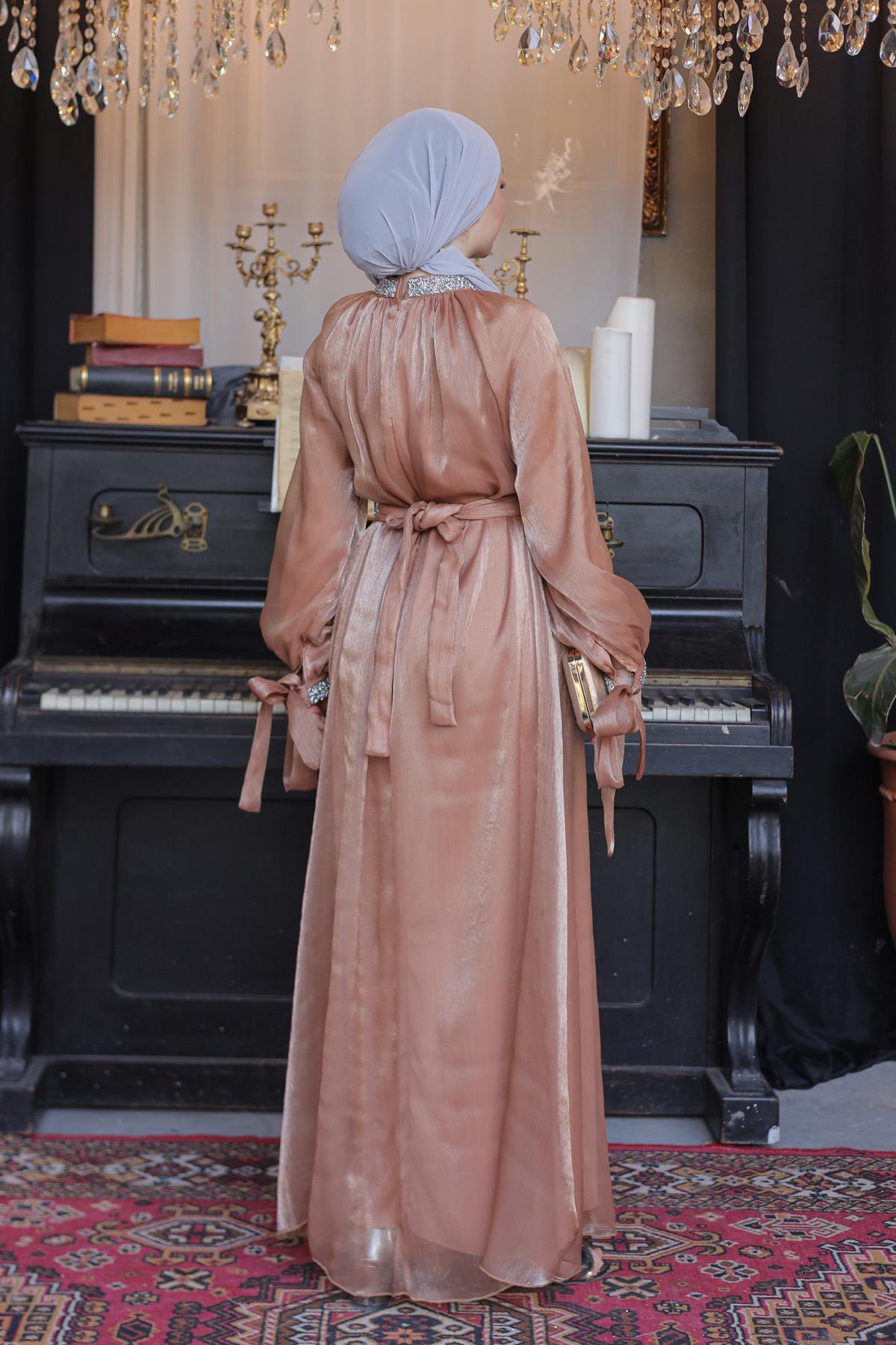 Tesettür Sarem Işıltı Taşlı Abiye CamelLP4203-1