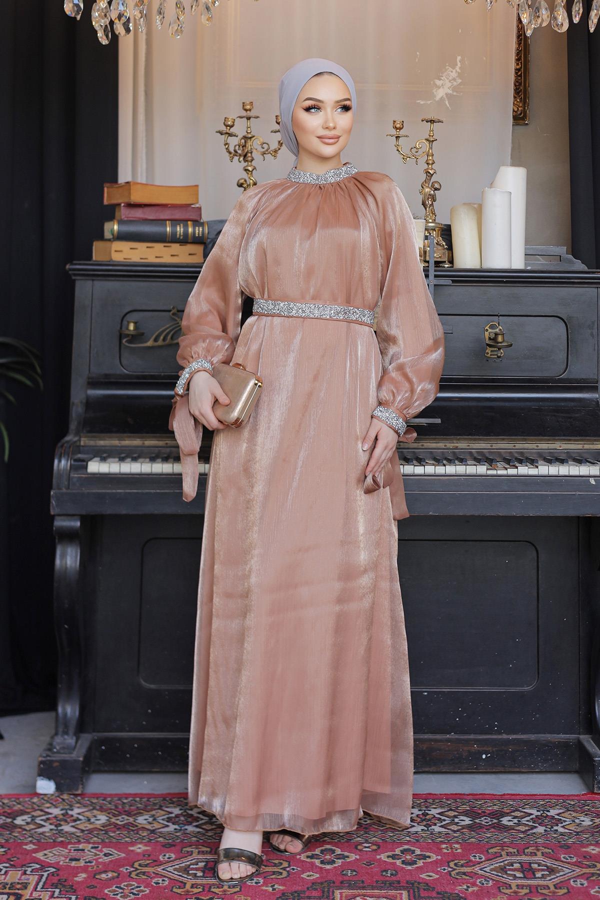 Tesettür Sarem Işıltı Taşlı Abiye CamelLP4203-1