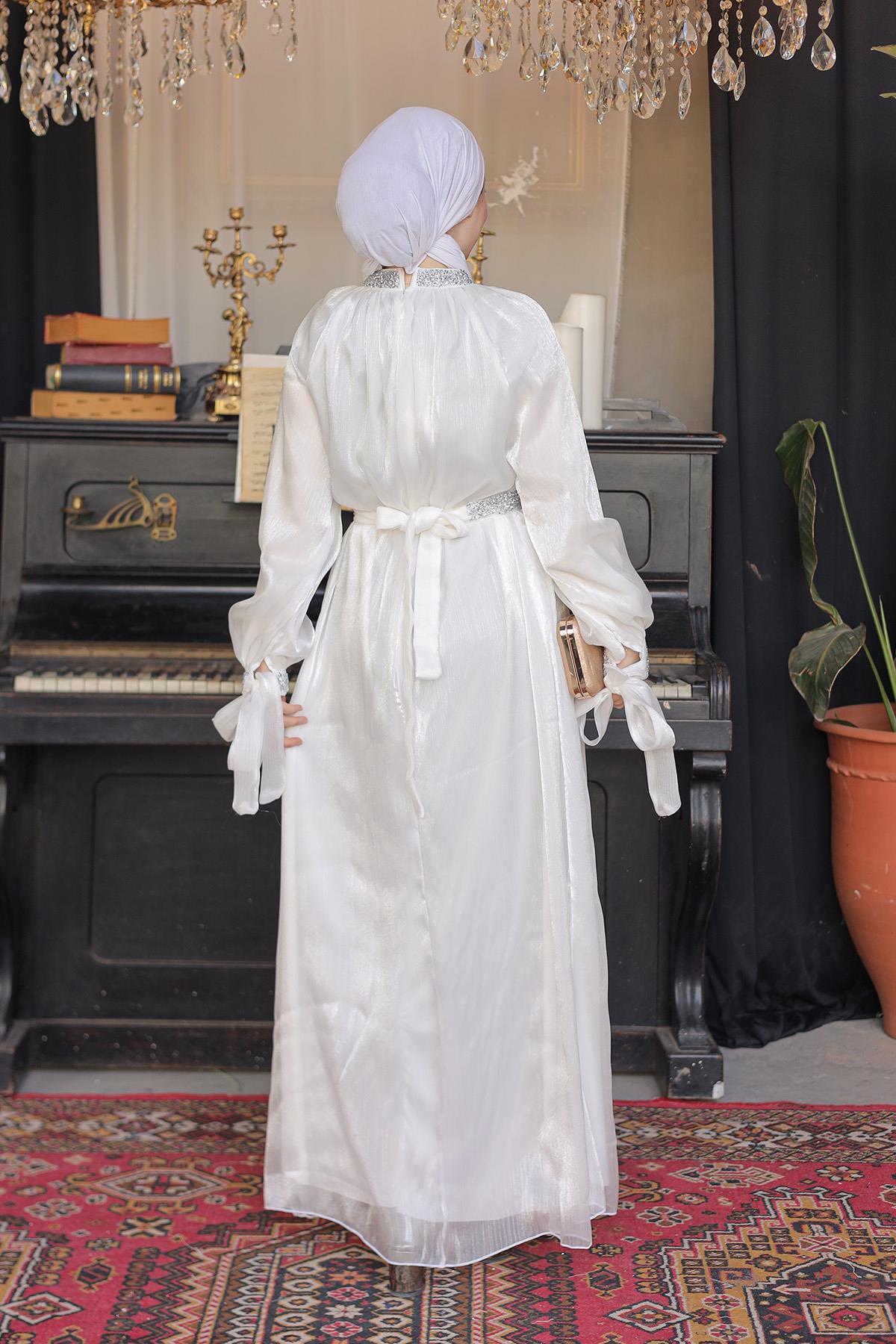 Tesettür Sarem Işıltı Taşlı Abiye EkruLP4203-1