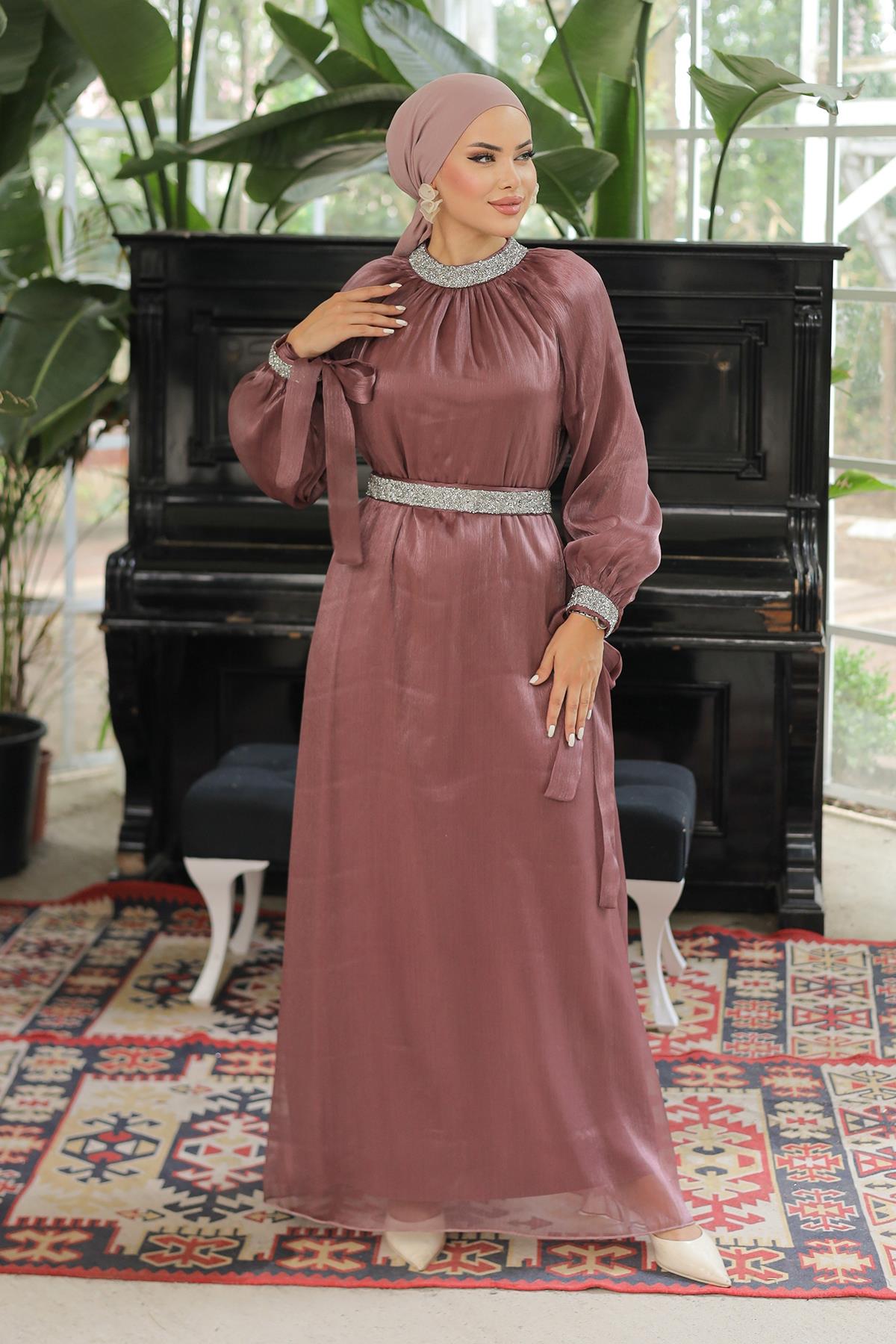 Tesettür Sarem Işıltı Taşlı Abiye GülLP4203-1