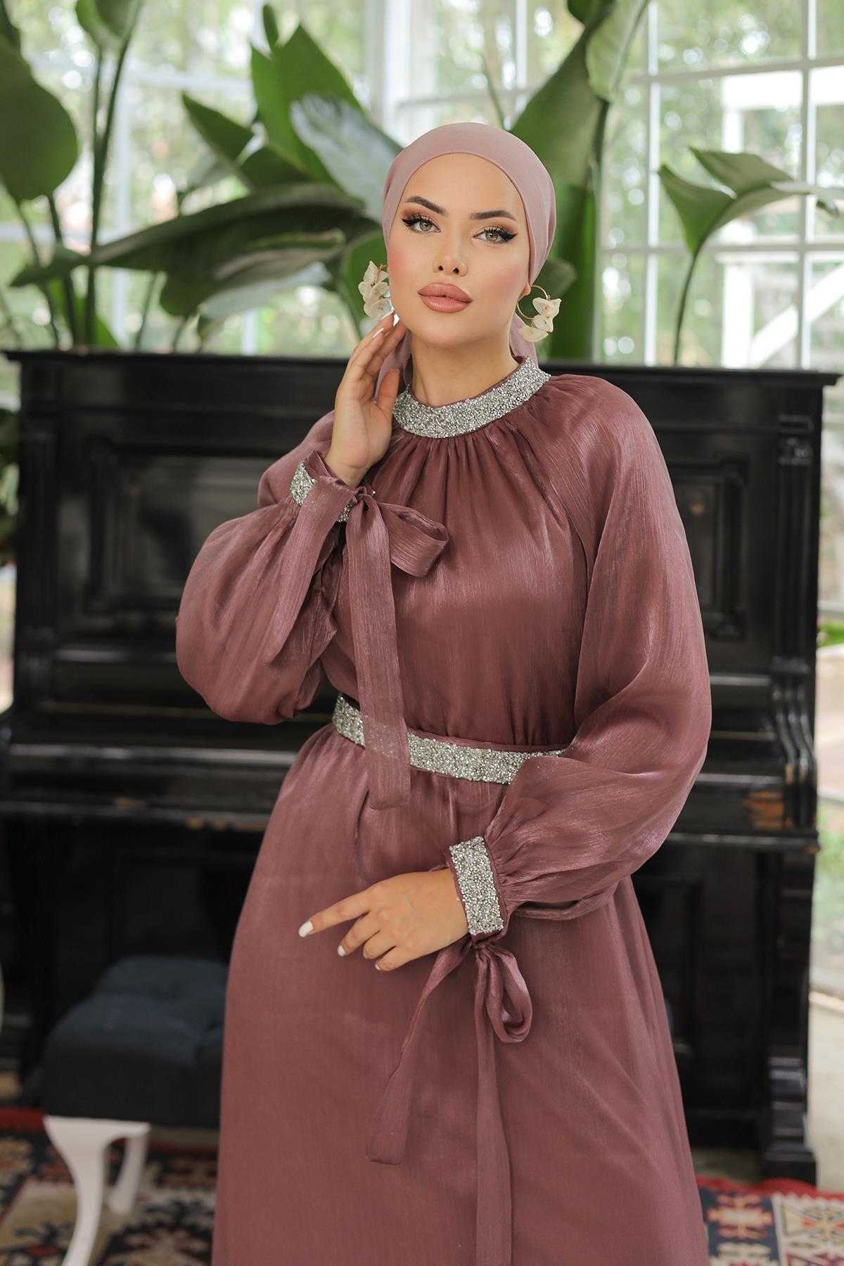 Tesettür Sarem Işıltı Taşlı Abiye GülLP4203-1