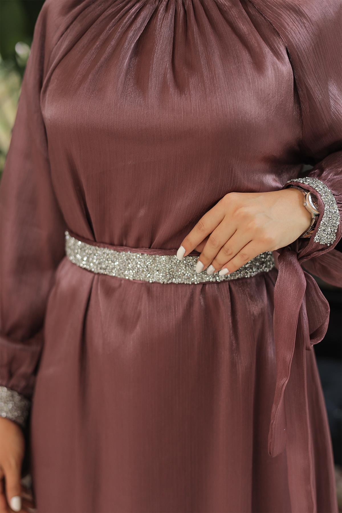 Tesettür Sarem Işıltı Taşlı Abiye GülLP4203-1