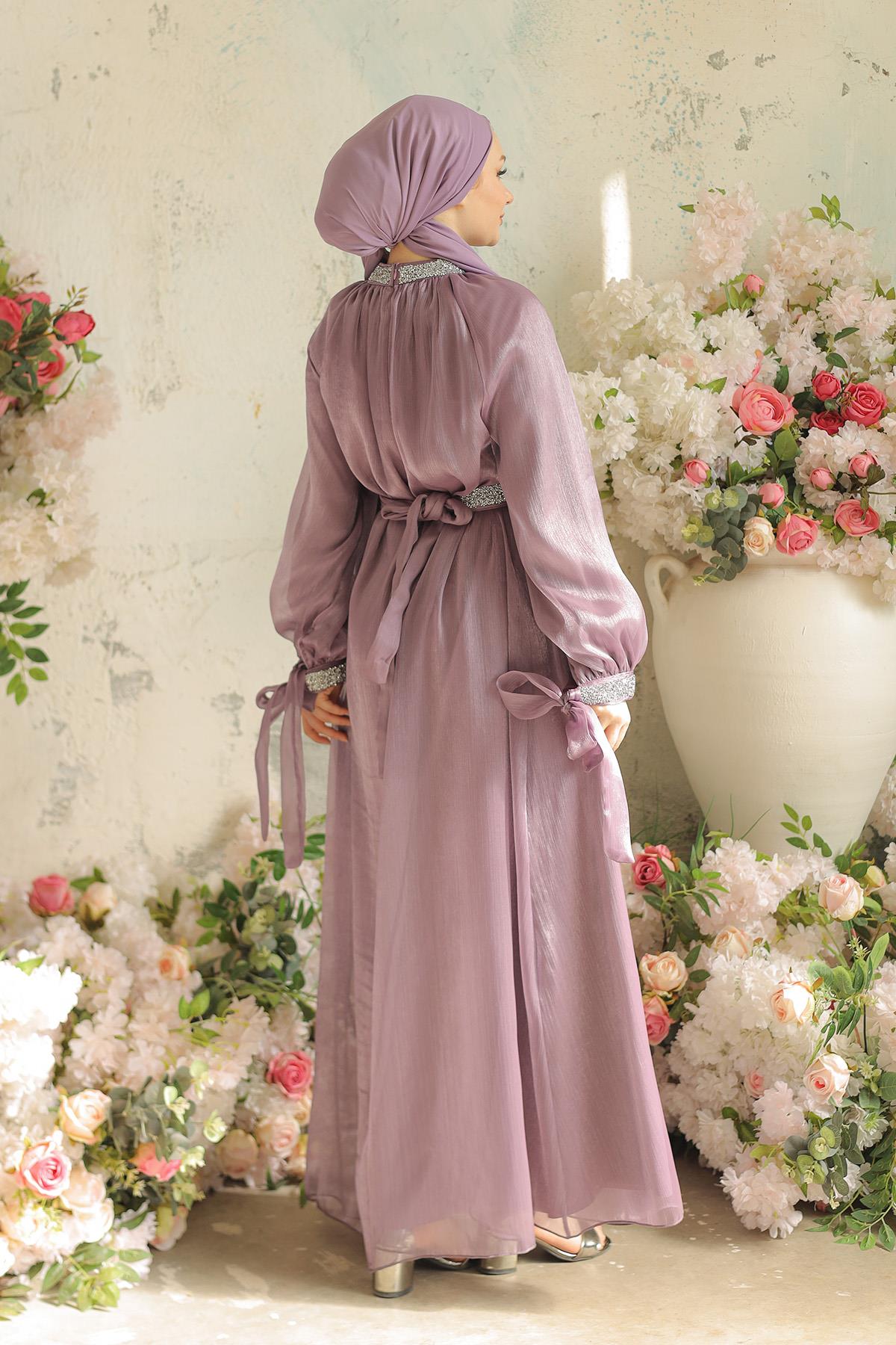 Tesettür Sarem Işıltı Taşlı Abiye LilaLP4203-1
