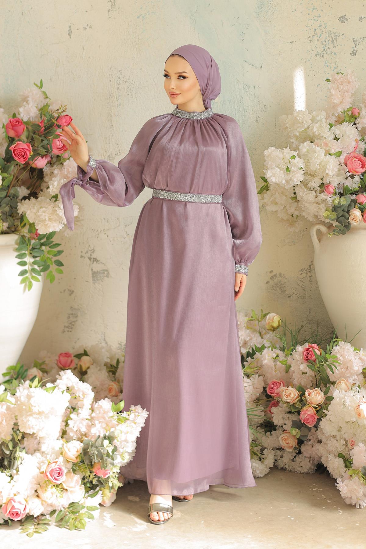 Tesettür Sarem Işıltı Taşlı Abiye LilaLP4203-1