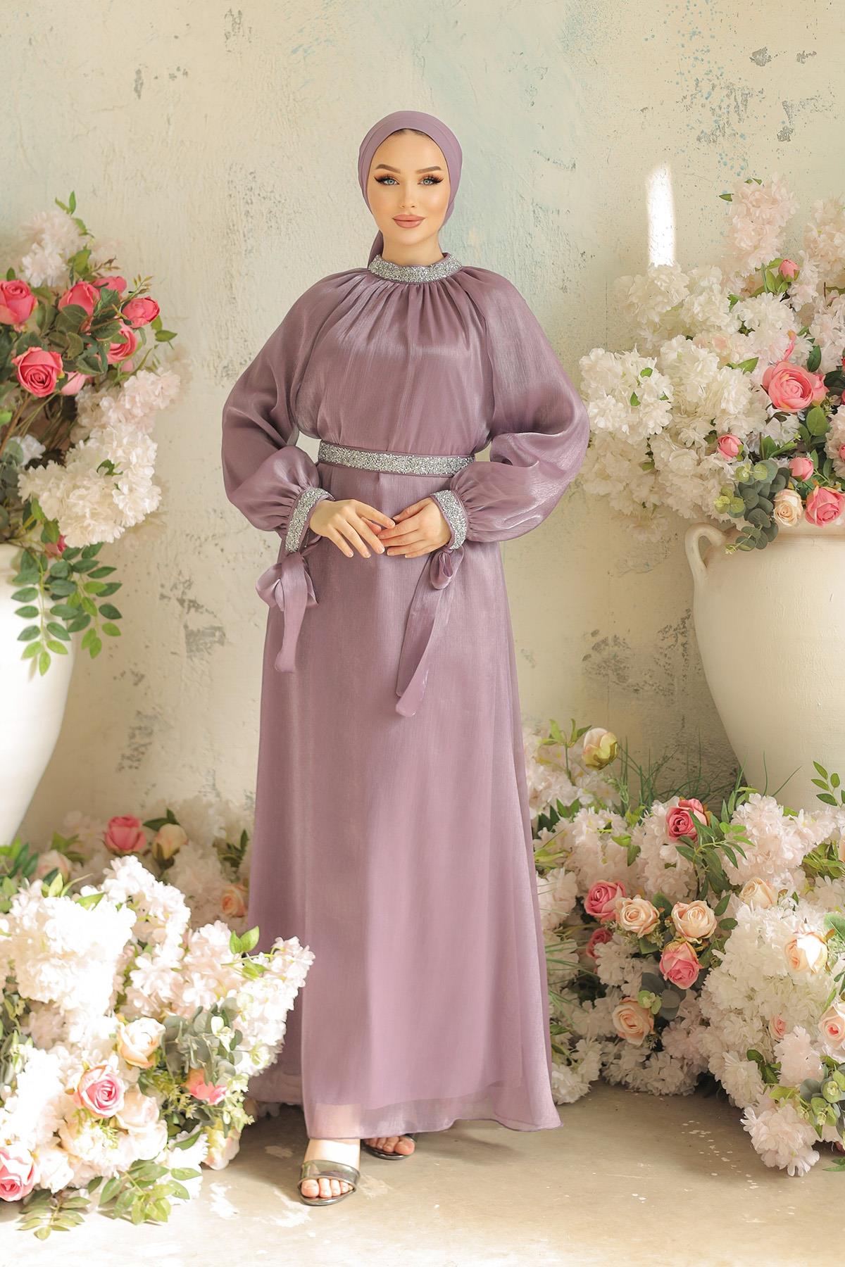 Tesettür Sarem Işıltı Taşlı Abiye LilaLP4203-1