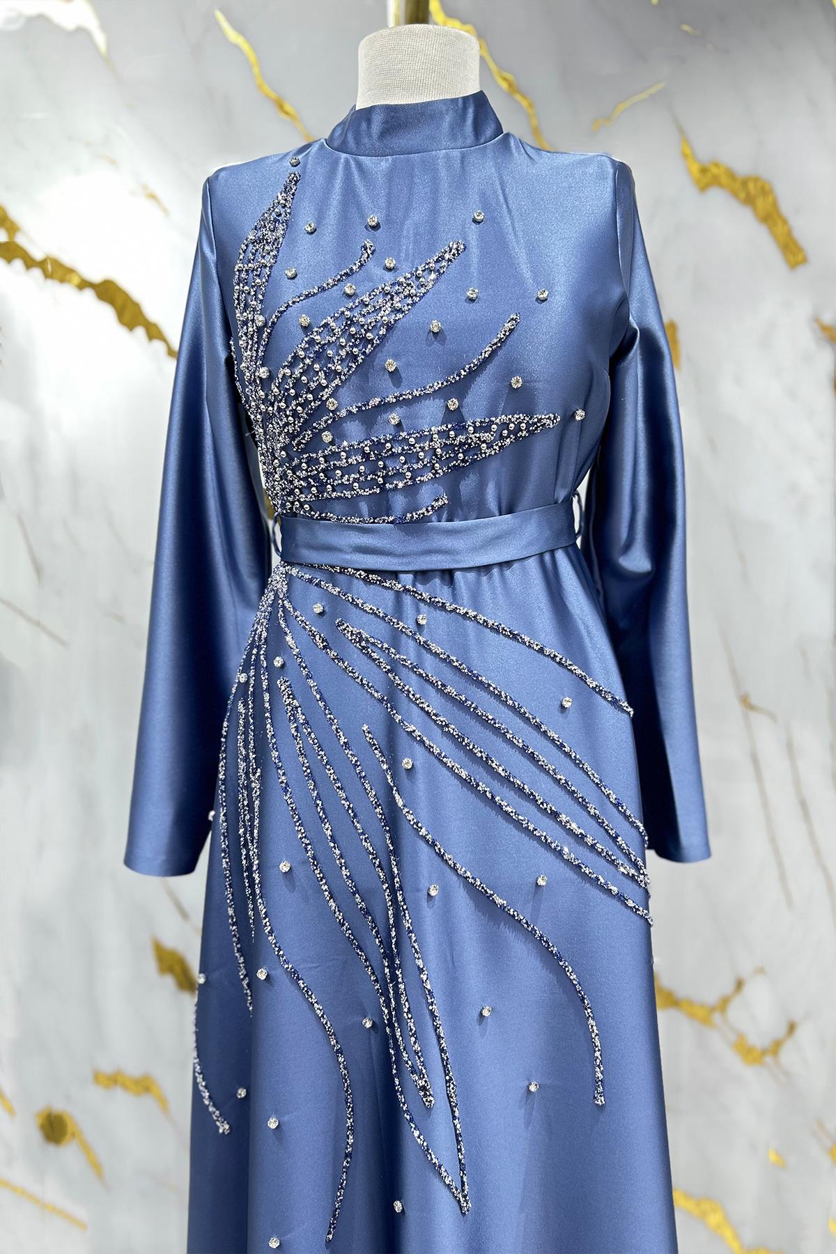 Tesettür Saren Saten Abiye IndigoLP6178